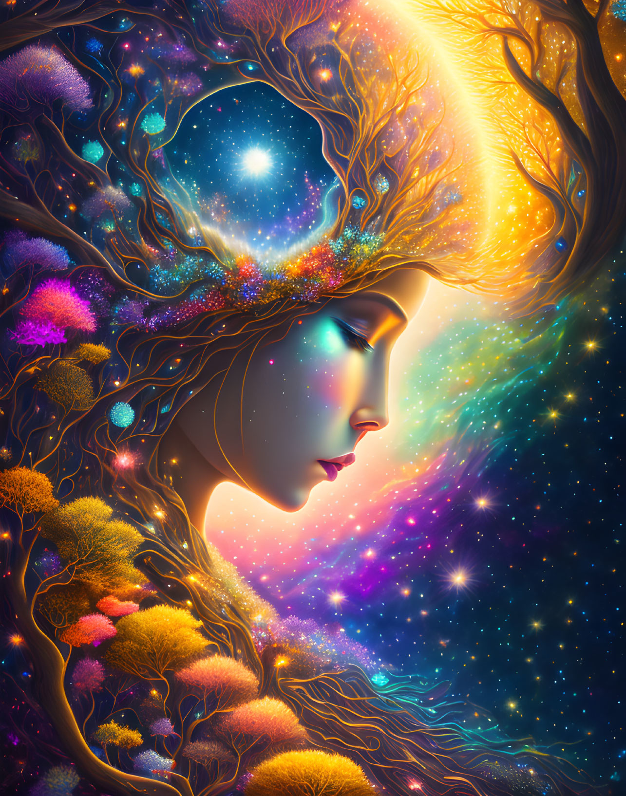 Woman's profile merges with cosmic tree in vibrant galaxy illustration