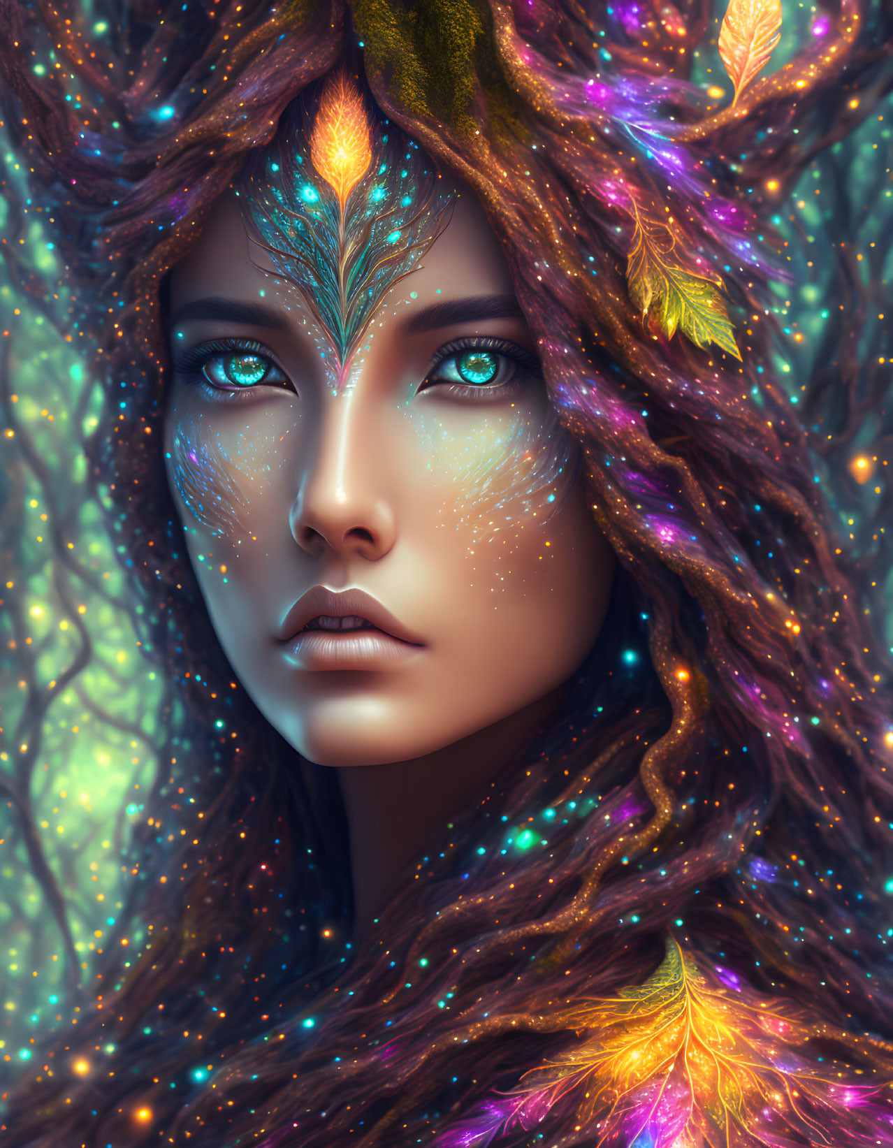 Fantasy illustration of woman with blue eyes and leaf decorations in hair