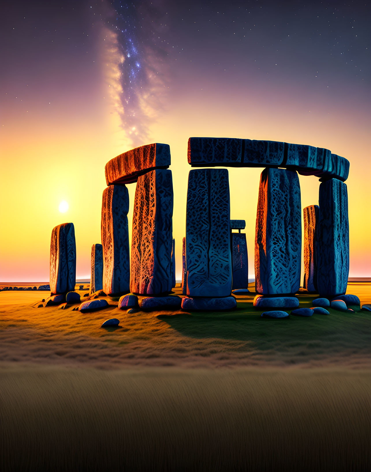 Digital illustration: Stonehenge at sunset with Milky Way in sky