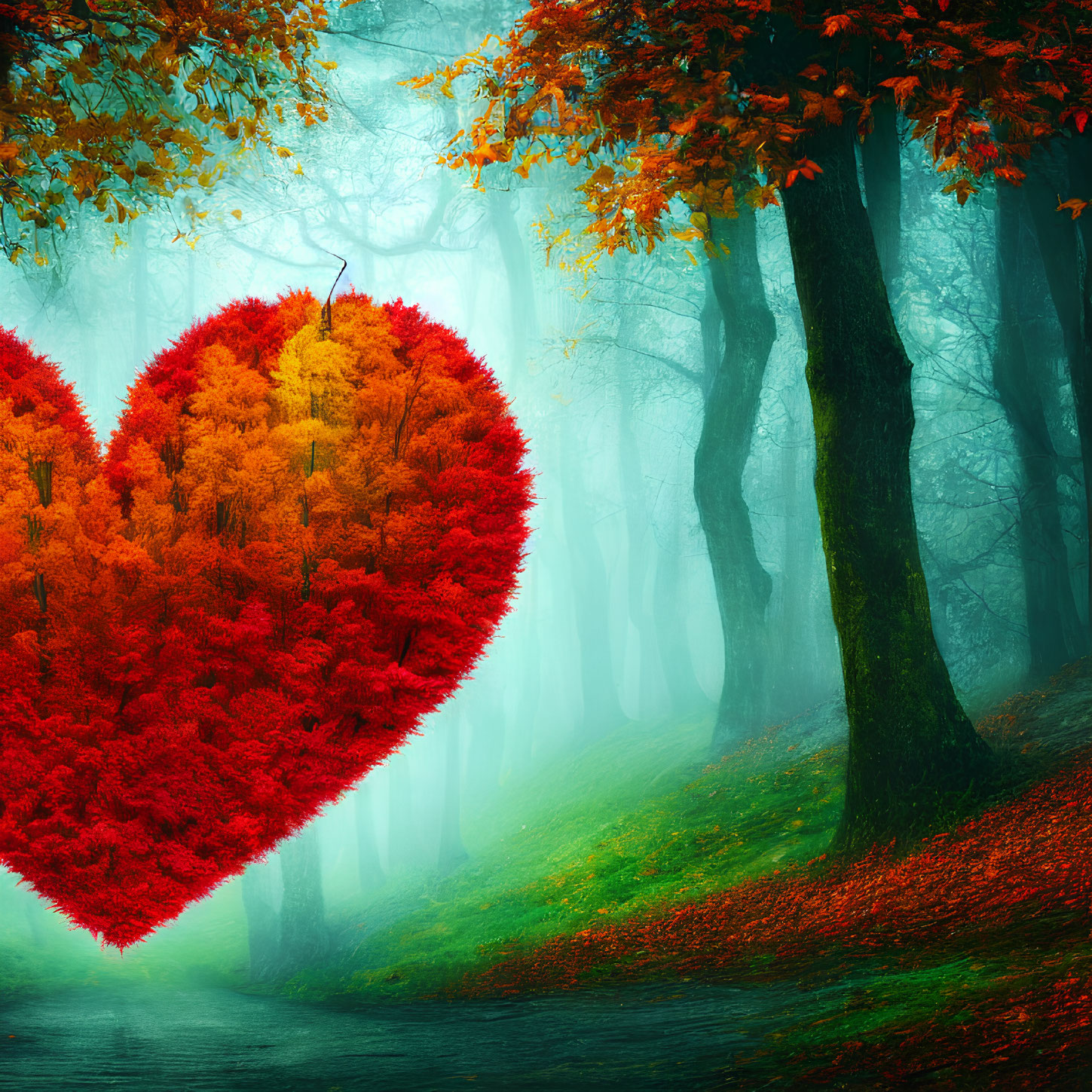 Red Autumn Leaves Heart-Shaped Arrangement in Mystical Foggy Forest