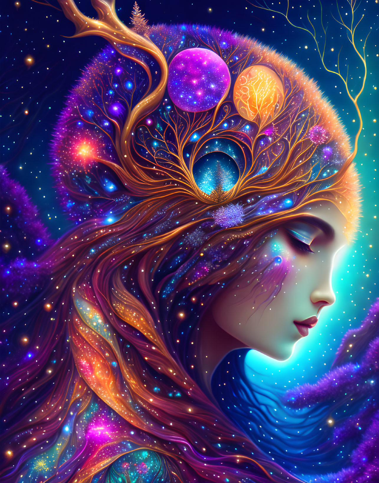 Colorful illustration of a woman with flowing branch-like hair and glowing orbs on a cosmic background