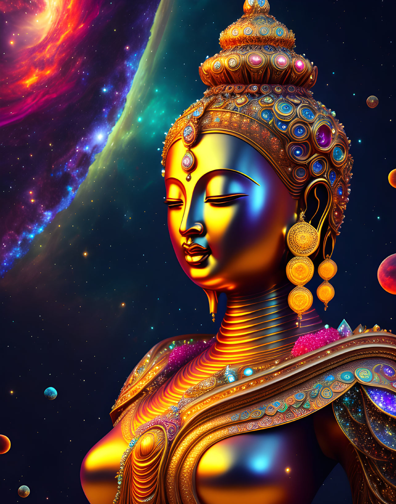 Illustration of deity with golden skin and jeweled adornments on cosmic backdrop