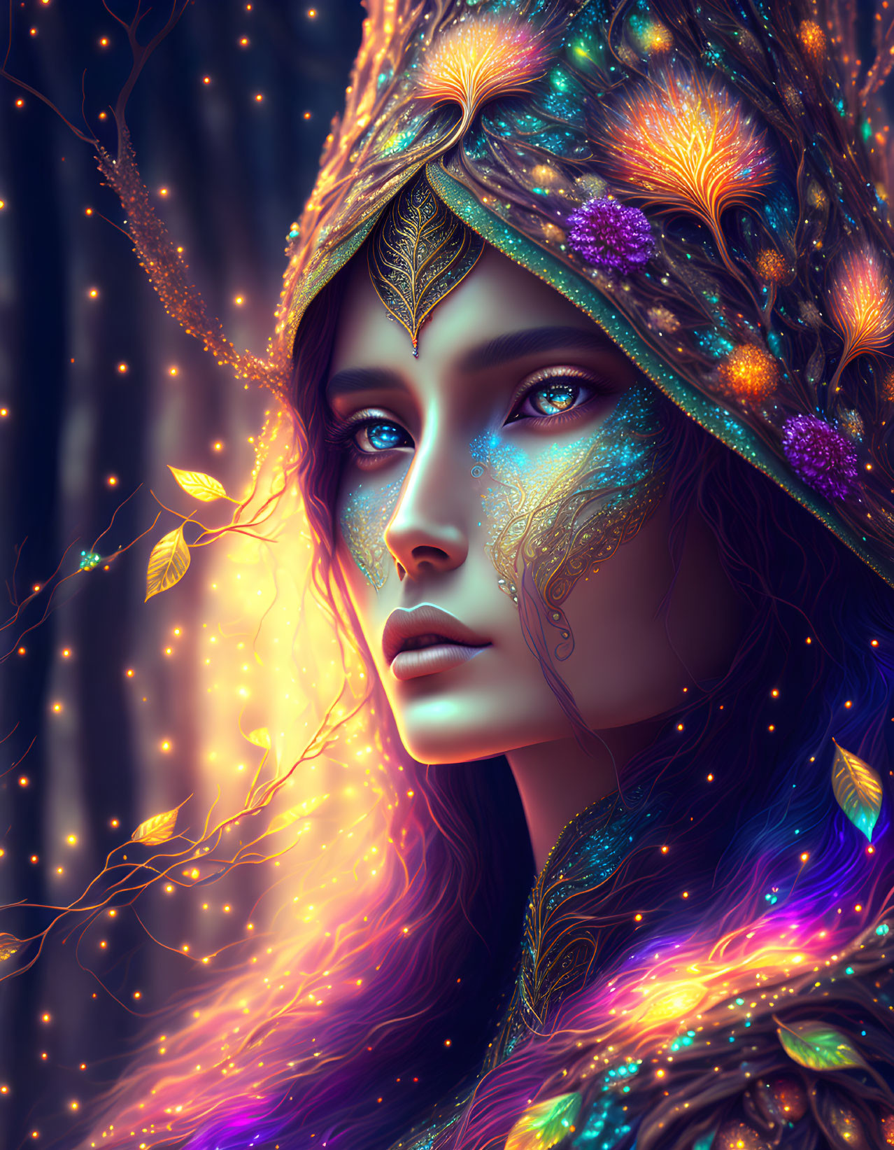 Colorful mystical woman with elaborate headgear and sparkling lights.