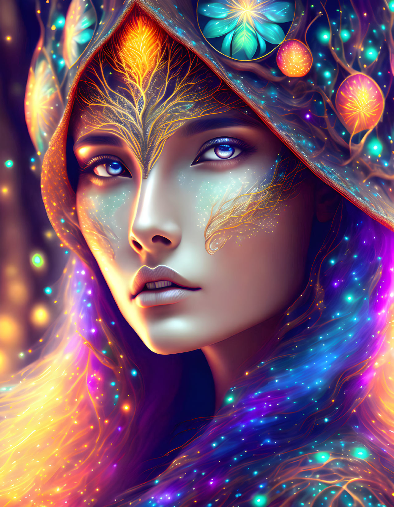 Mystical woman with vibrant blue eyes in cosmic hood with glowing patterns surrounded by colorful aura