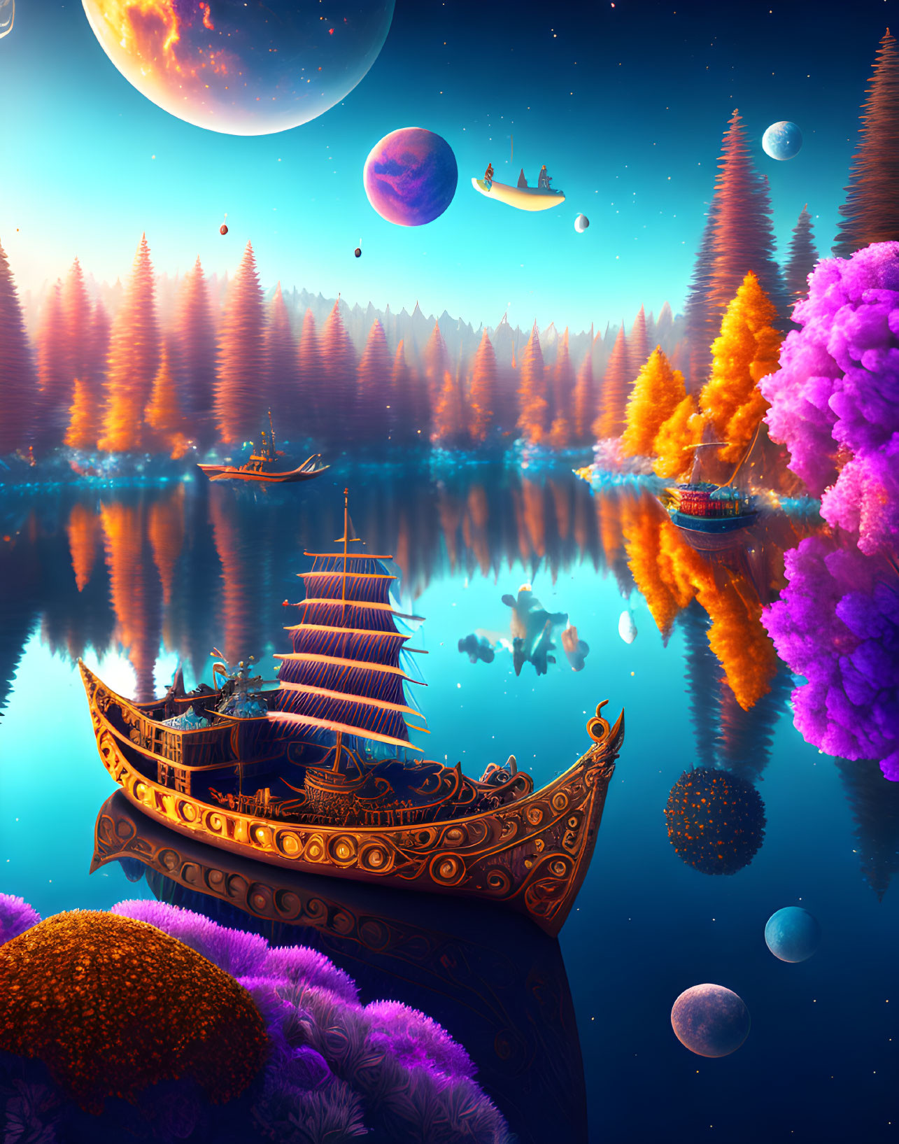 Fantasy landscape with colorful trees, sailing ship, and floating planets