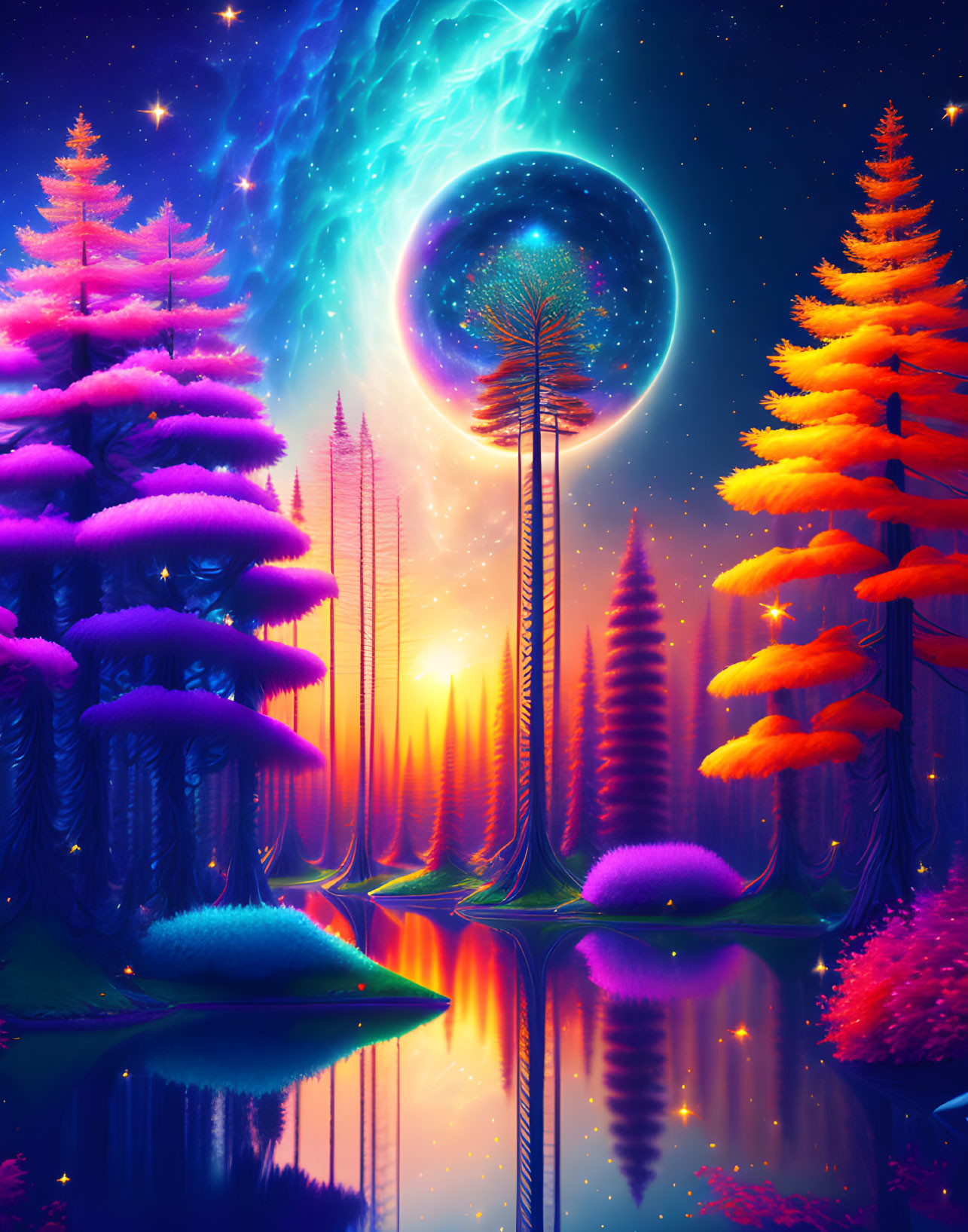 Colorful surreal landscape with glowing flora, reflective river, and cosmic swirl.