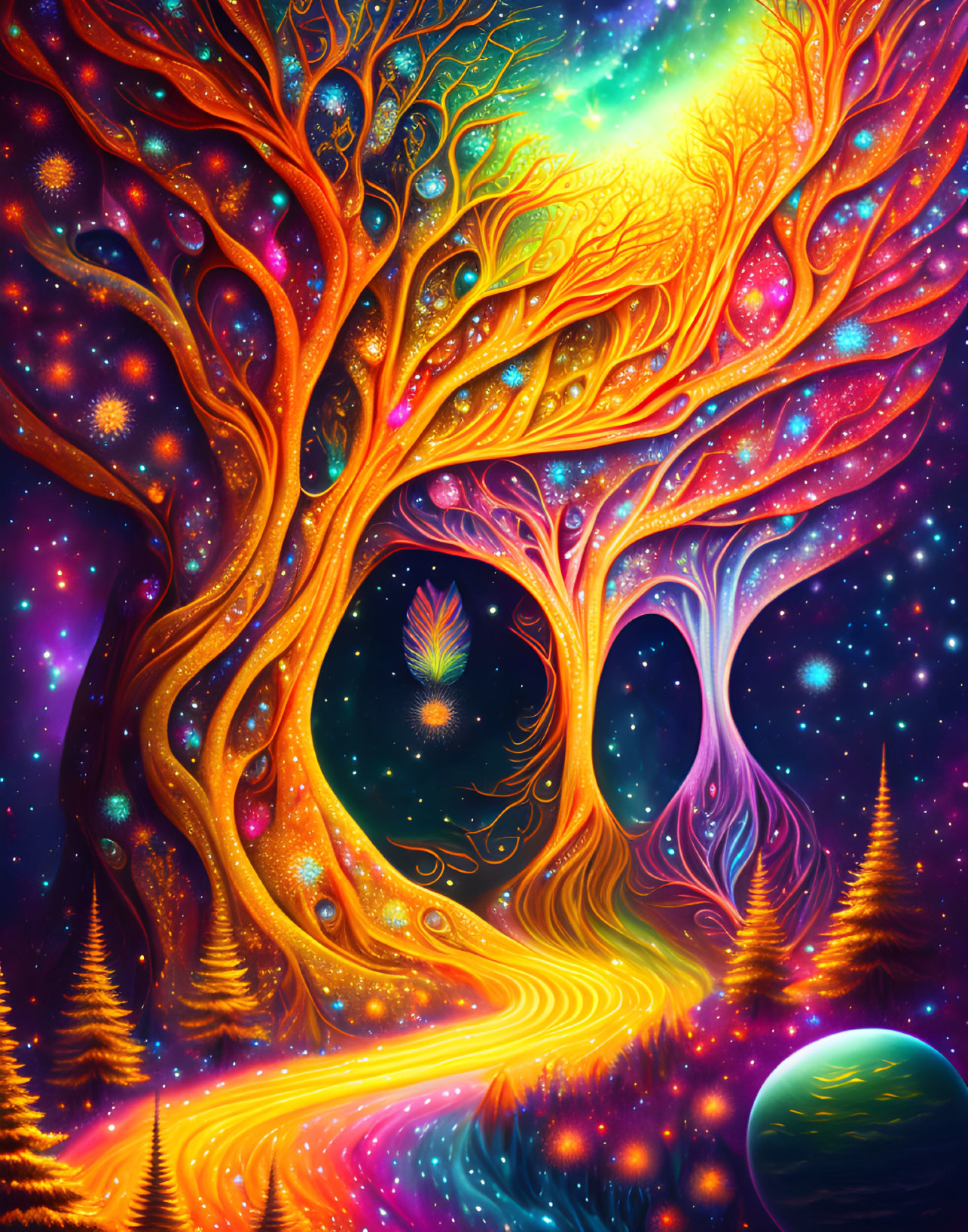 Fantasy illustration of glowing tree with galaxy background and pathway.