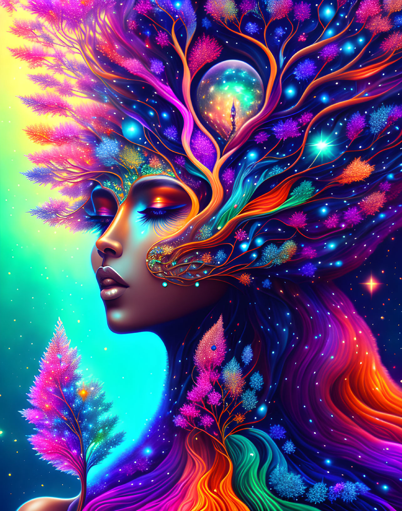 Digital Art: Woman with Cosmic and Tree-like Hair on Starry Background