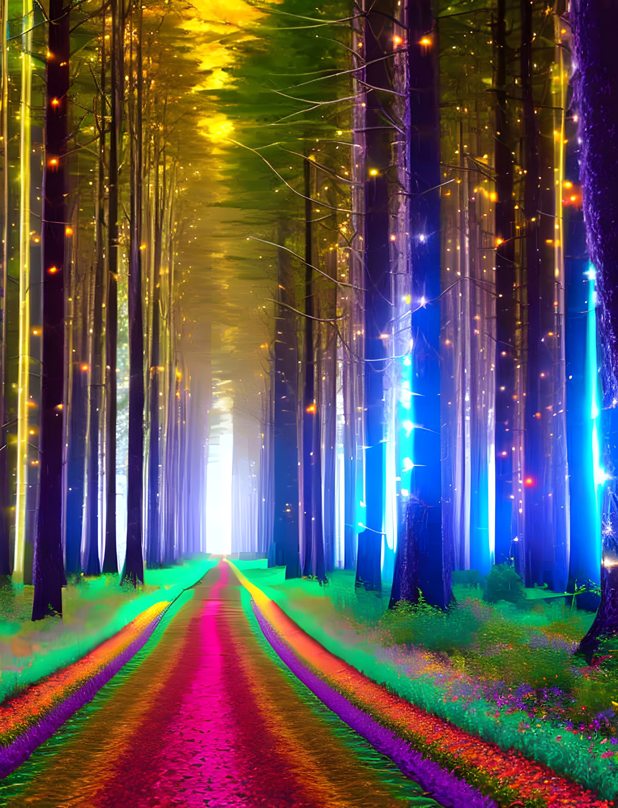 Colorful Forest Path Illuminated by Whimsical Lights