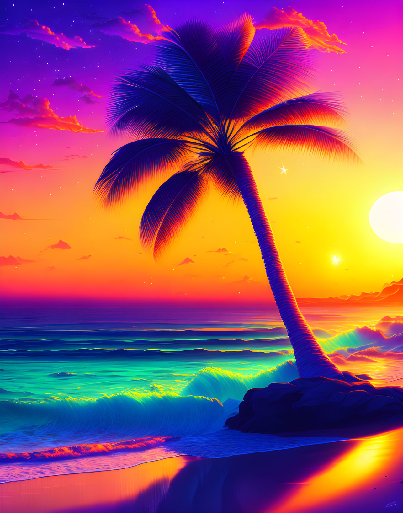 Neon beach sunset digital art with palm tree and glowing waves