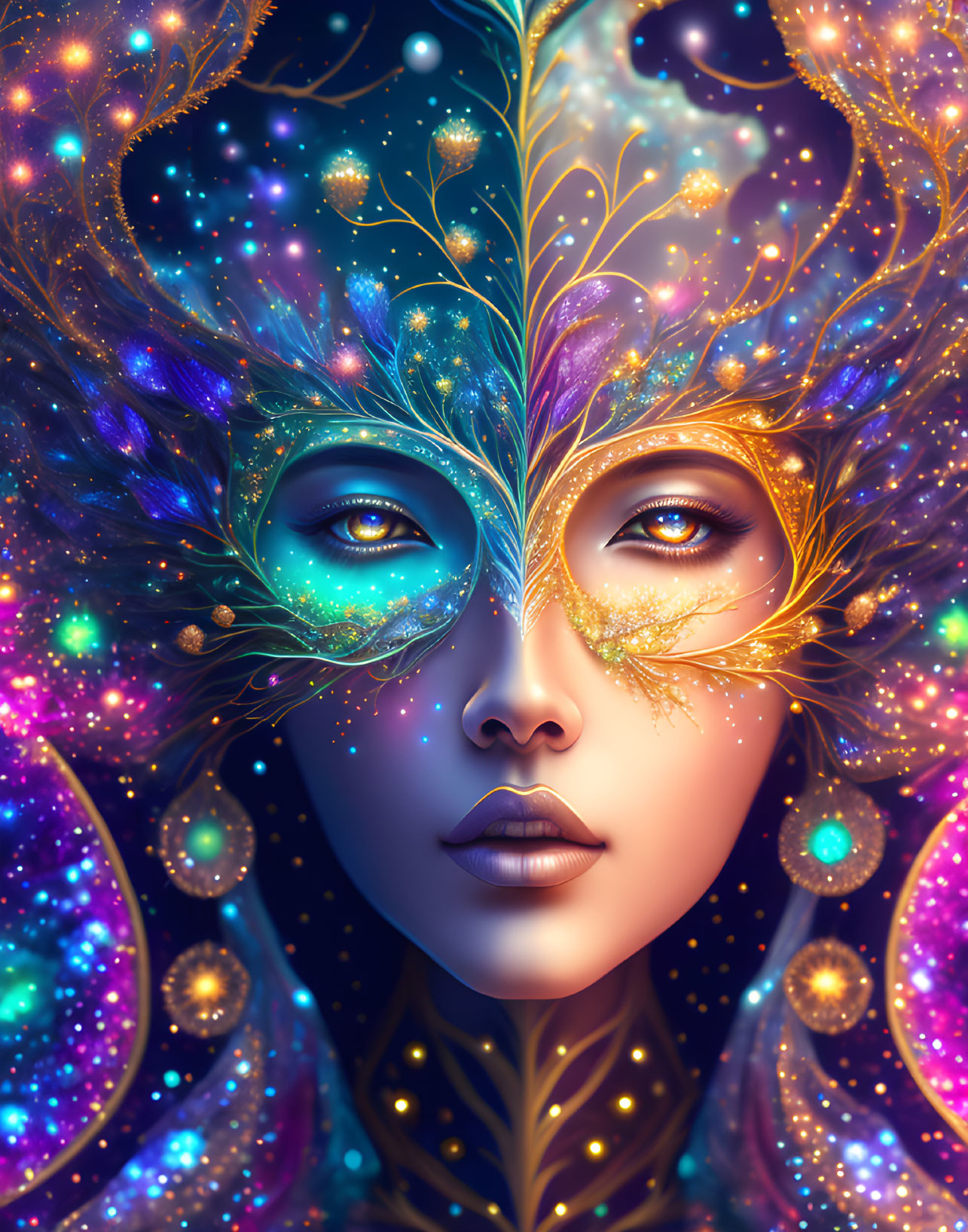 Colorful digital artwork of woman with cosmic makeup and starry peacock headdress.