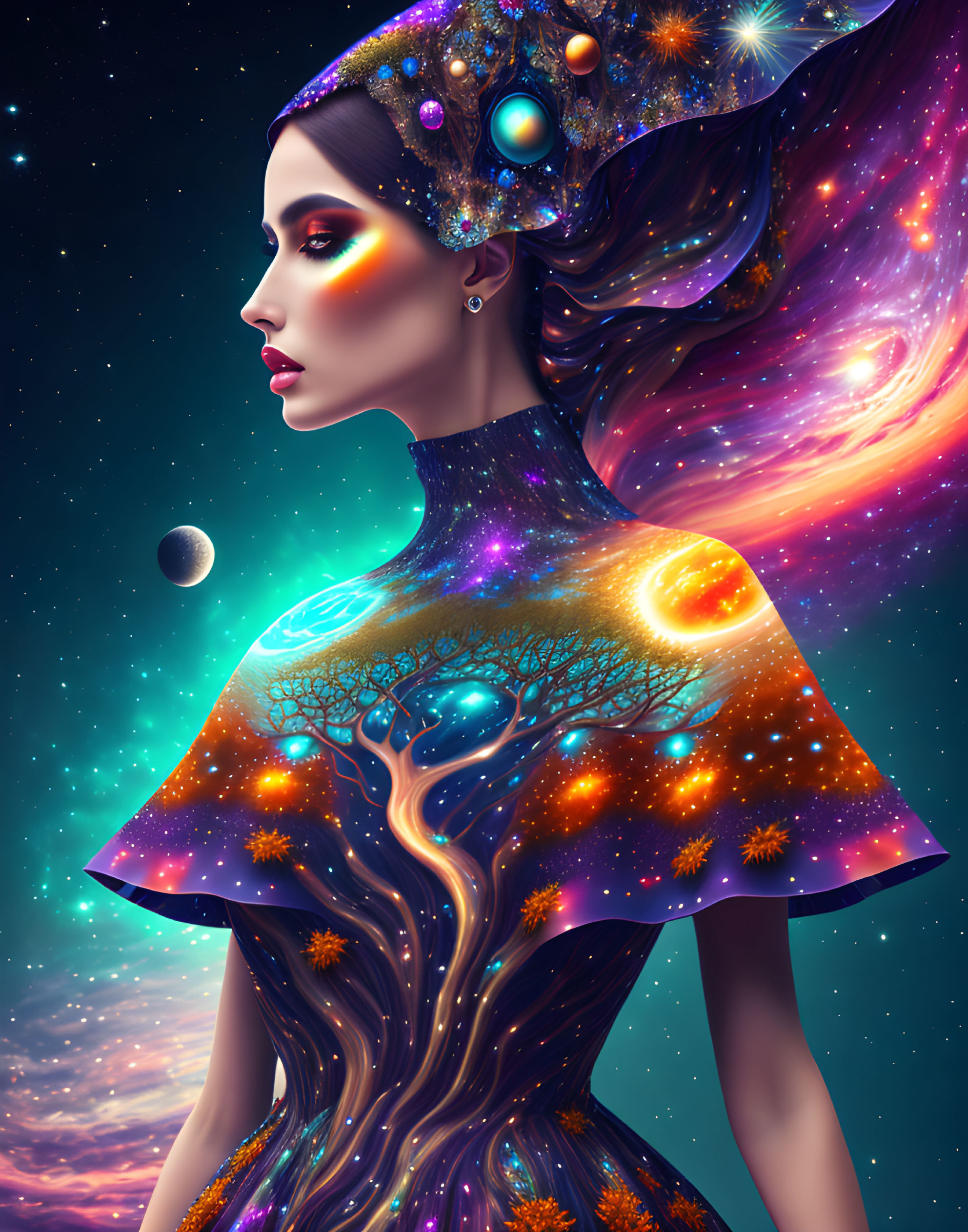 Cosmic-themed woman illustration with galaxies, stars, planets, and tree of life design