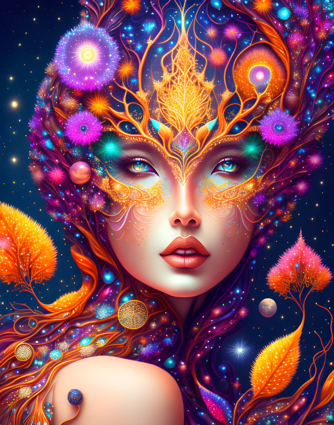 Colorful woman illustration with cosmic and floral elements in hair