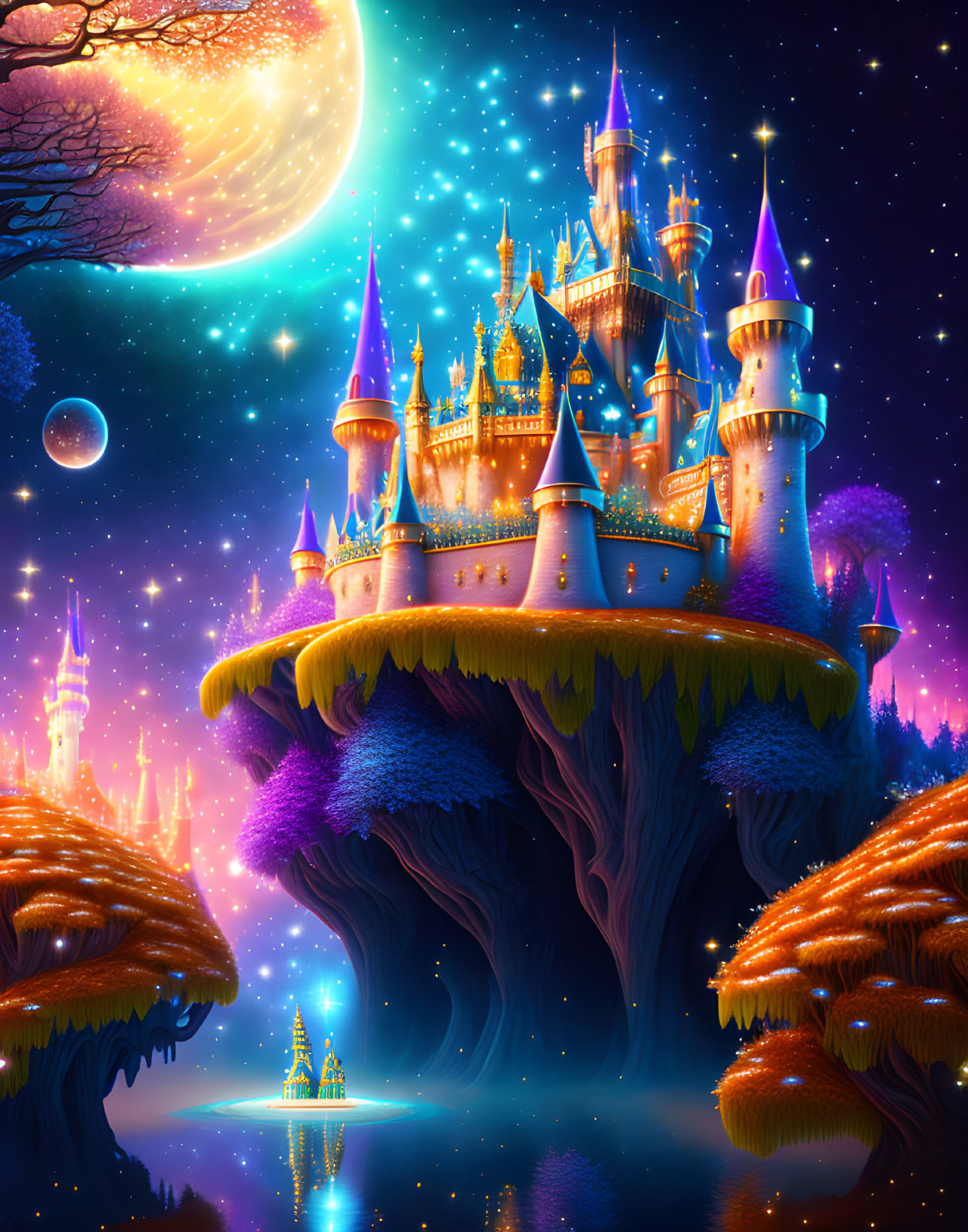 Fantasy castle with spires and towers on tree with glowing fungi