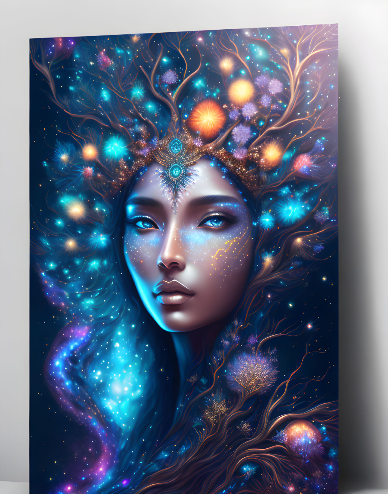 Portrait of woman with cosmic features and celestial theme.