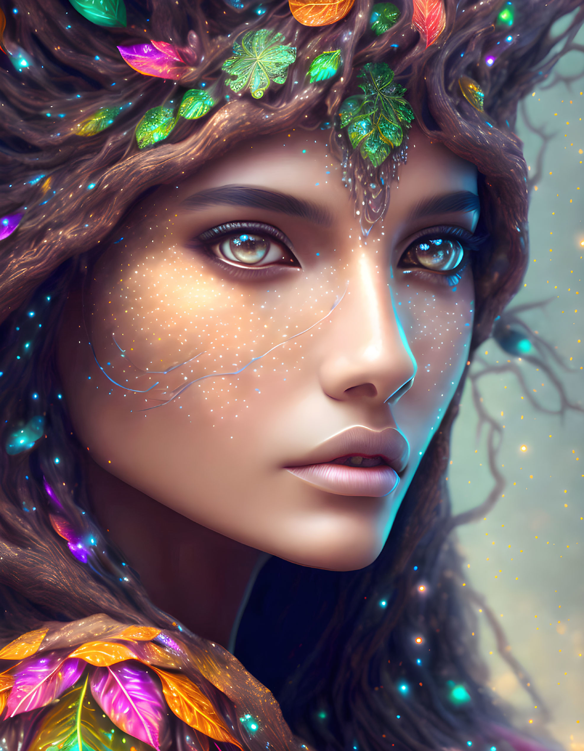 Portrait of woman with luminescent skin and ethereal accents, adorned with autumn leaves.