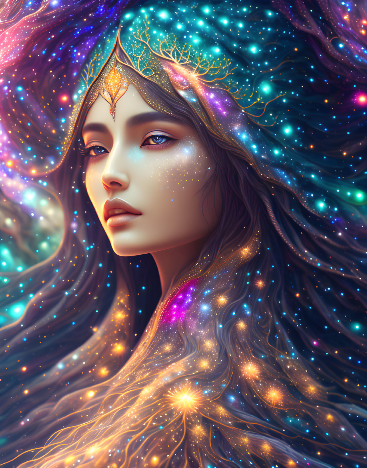 Ethereal woman with celestial hair and golden crown in cosmic setting