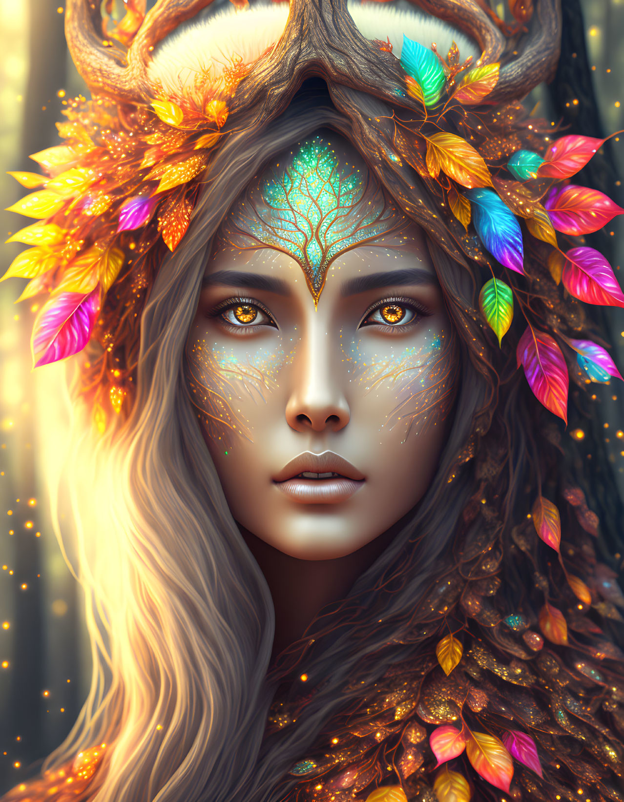 Mystical woman with antlers and autumn leaves in glowing image