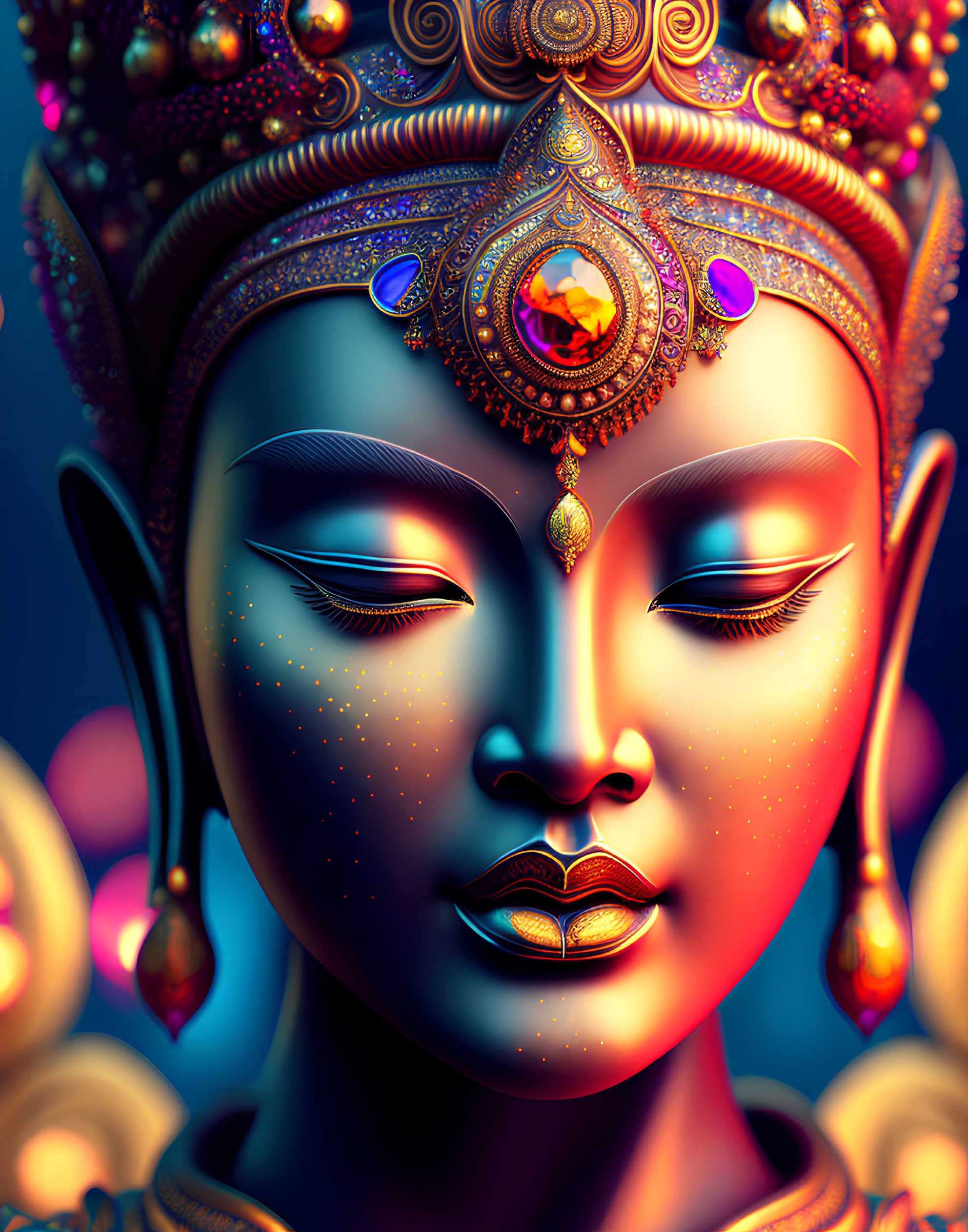 Serene face with jewel-adorned headdress on blue background