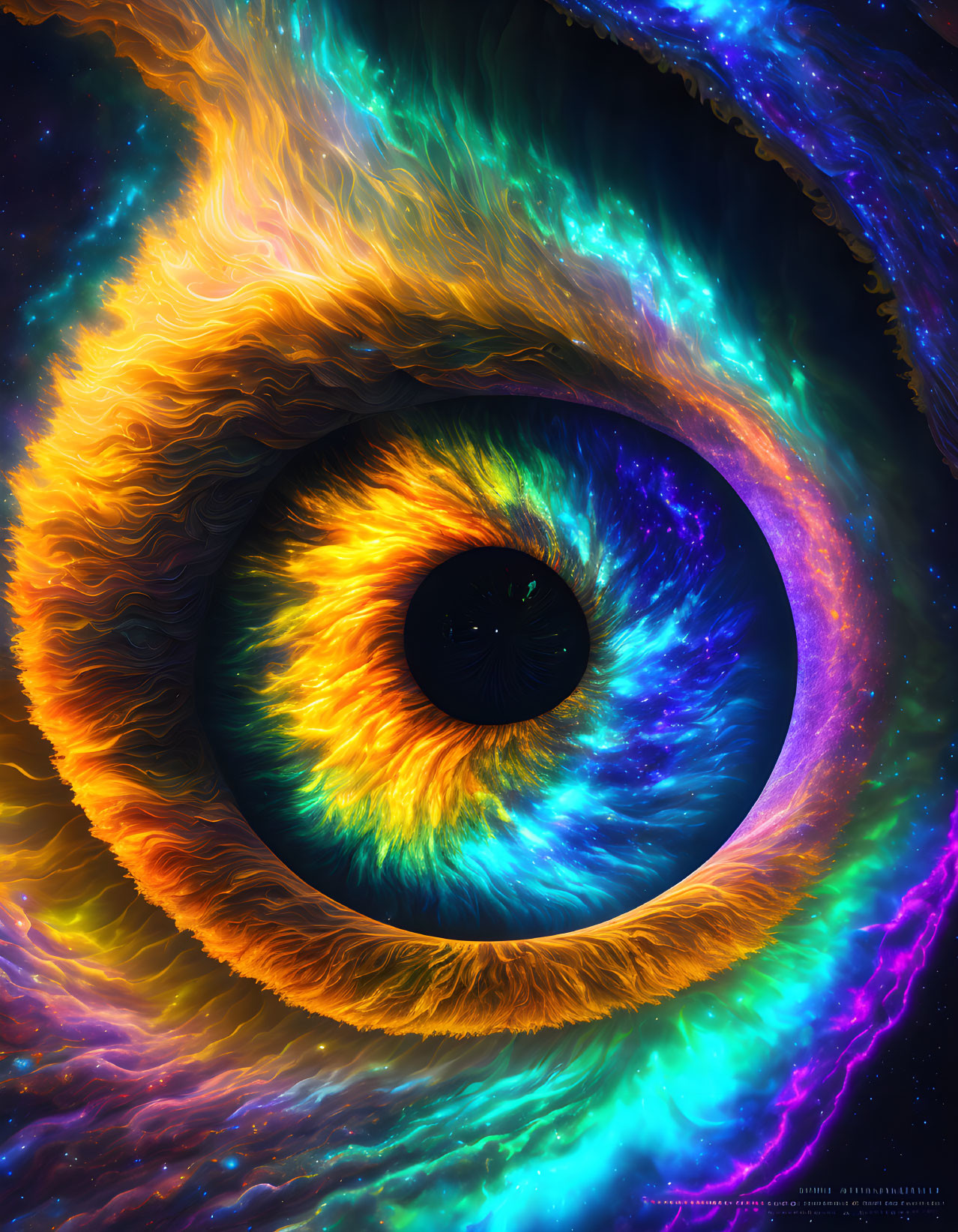 Colorful cosmic eye with swirling fiery colors on starry background