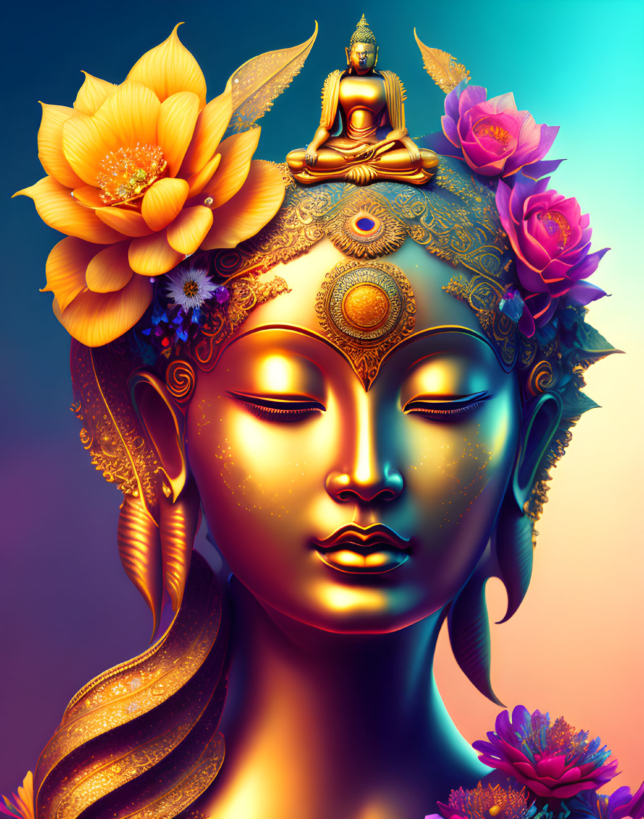 Detailed digital artwork of serene face with floral adornments, third eye, and Buddha figure on vibrant gradient