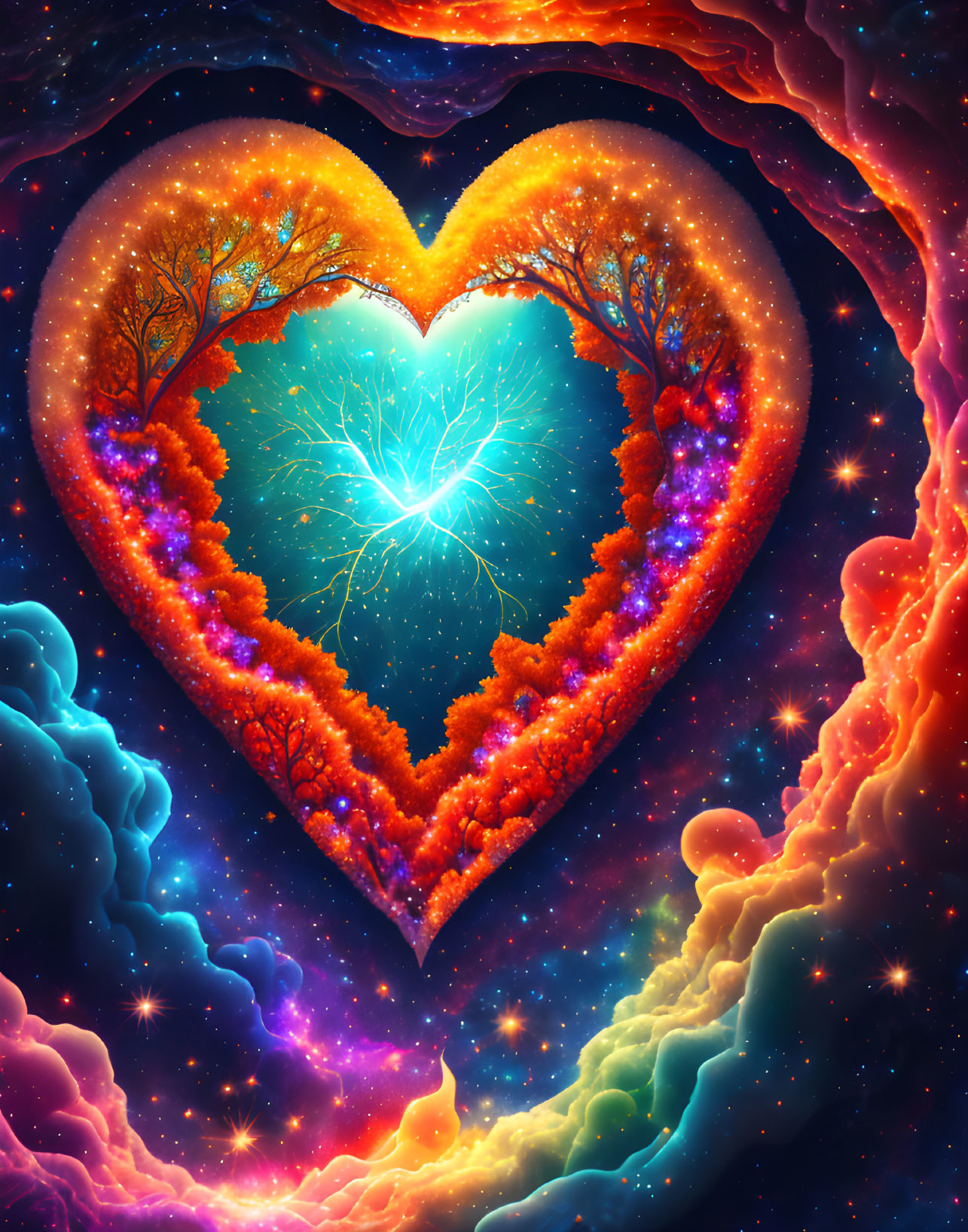 Colorful Heart-Shaped Frame with Orange and Blue Trees in Cosmic Background