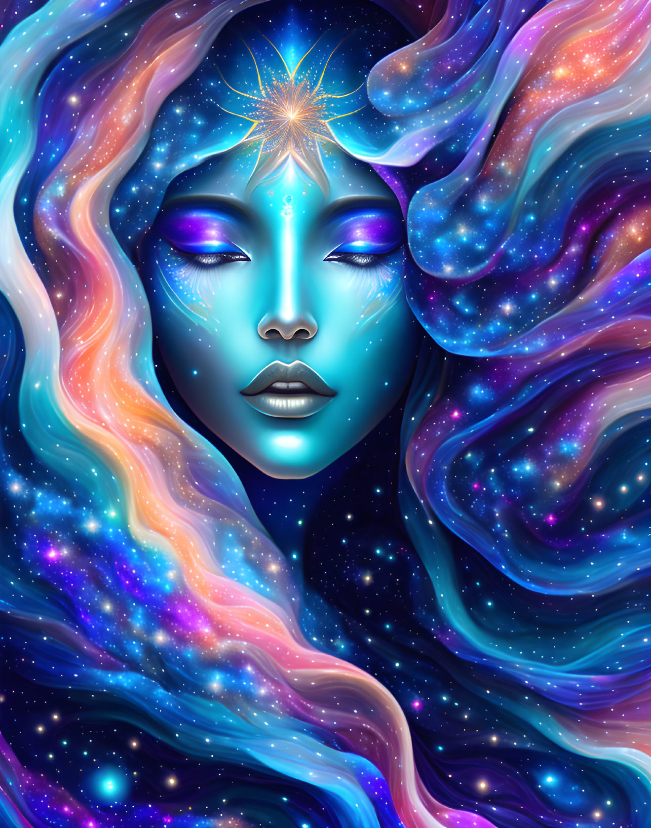 Colorful cosmic entity with serene face and flowing nebula hair in starry space.