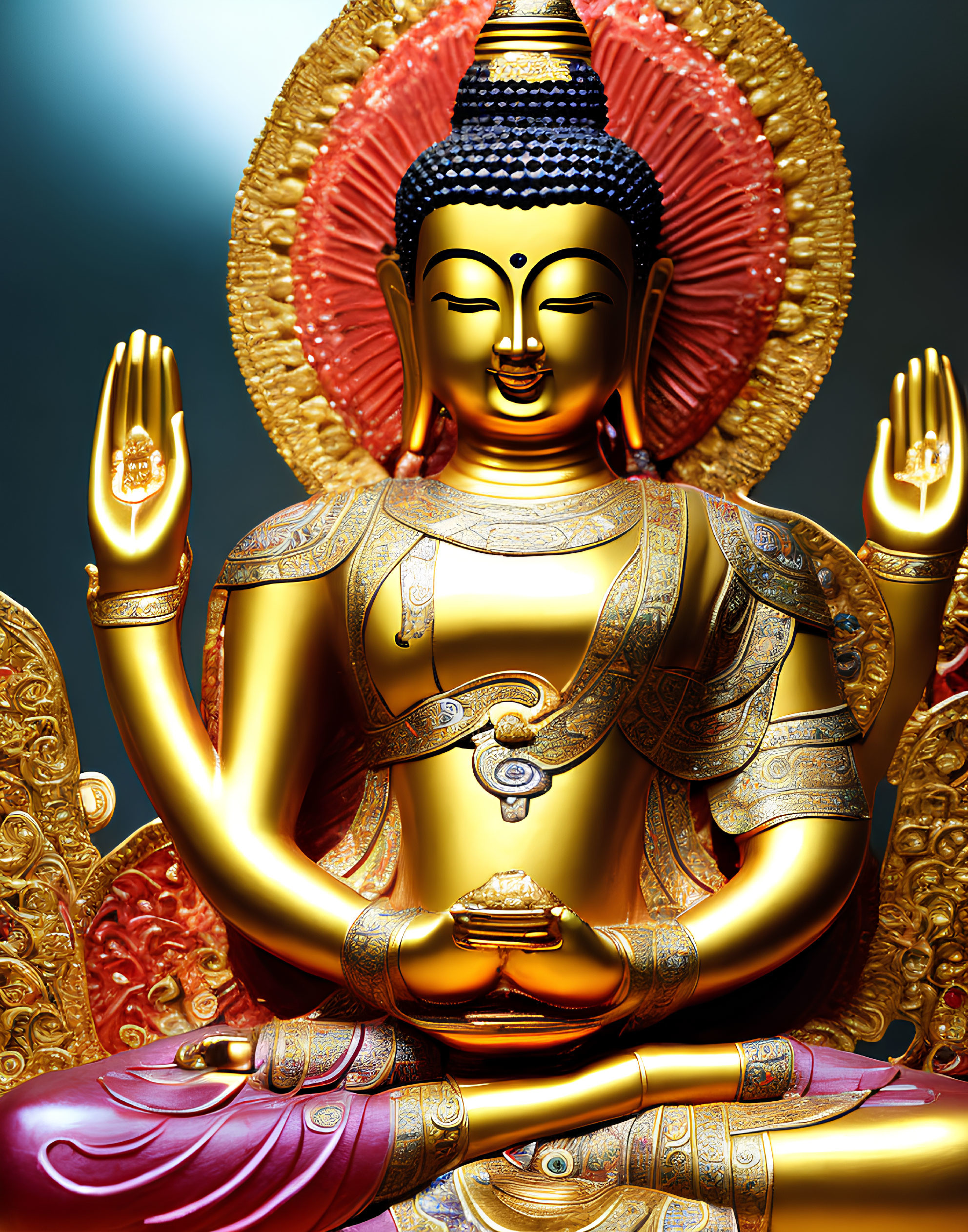 Golden Buddha Statue Seated in Lotus Position with Raised Hand