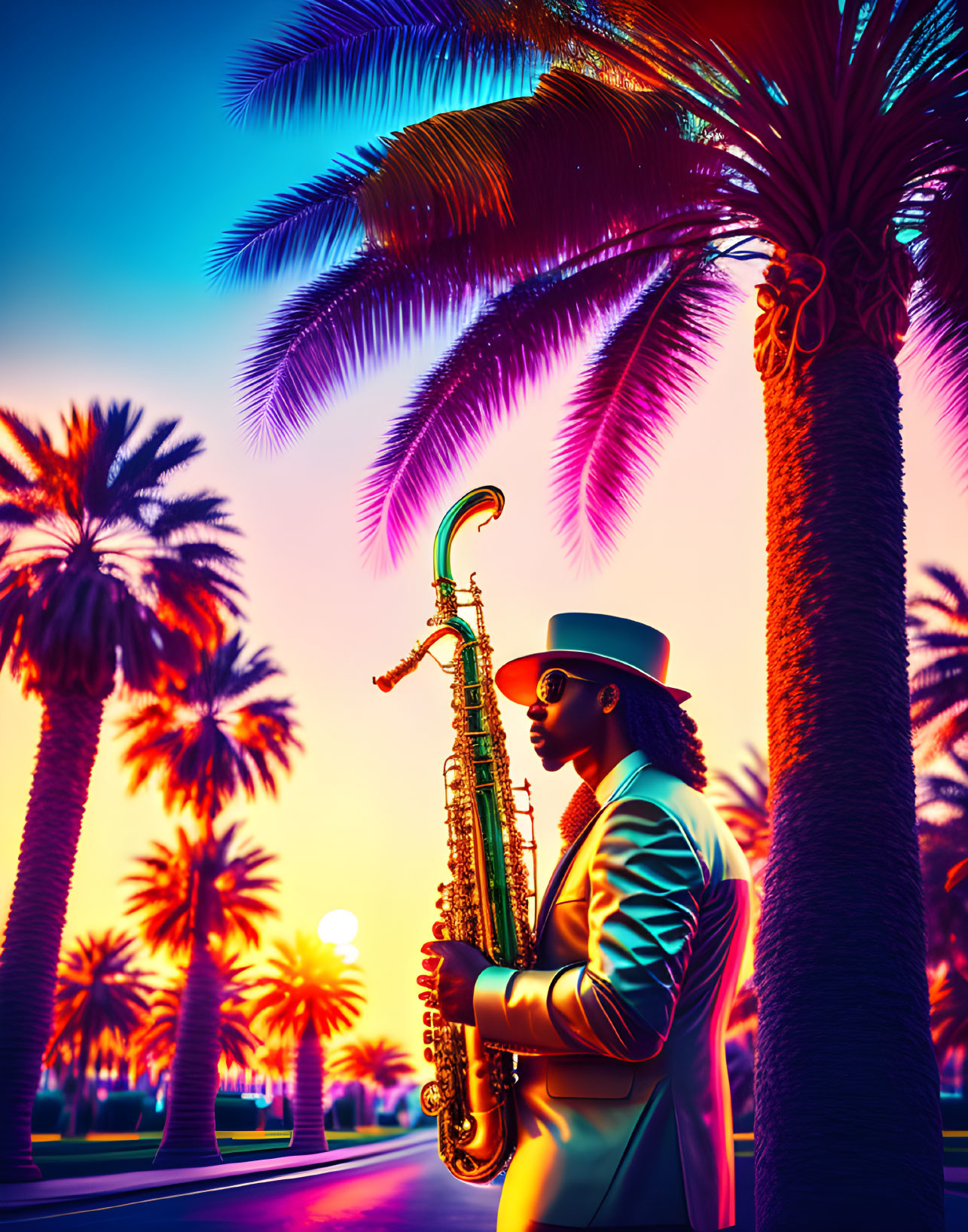 Musician with saxophone in stylish sunset setting