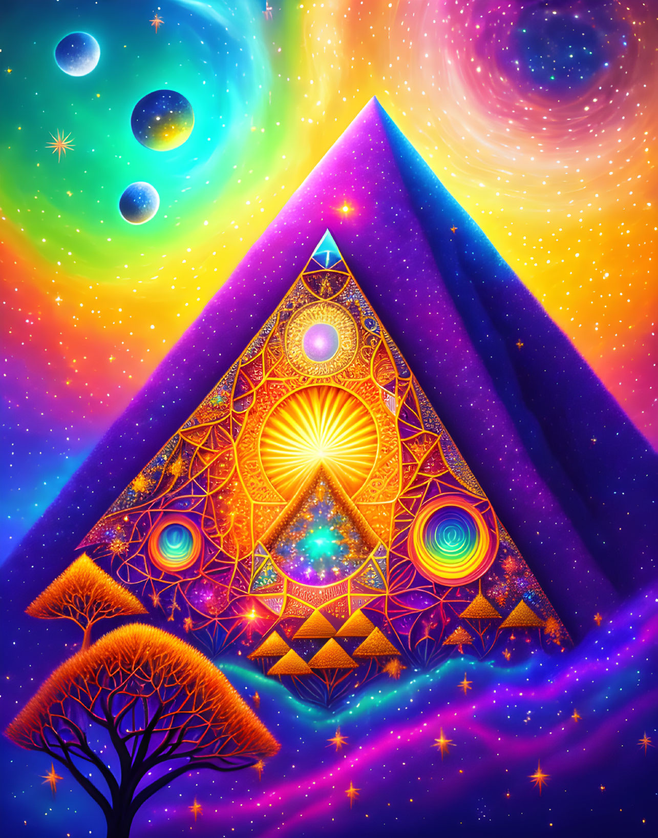 Geometric pyramid digital art with cosmic background