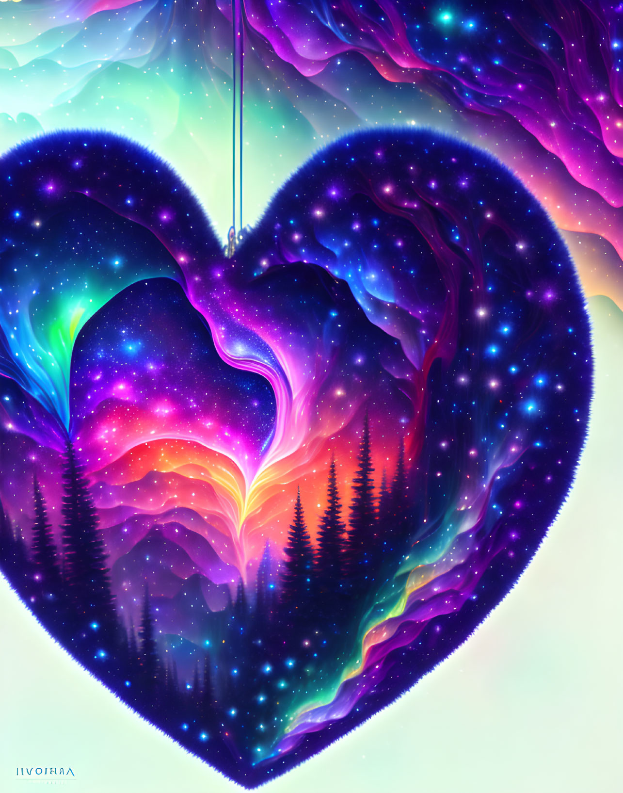 Colorful cosmic nebula heart with pine trees on serene background