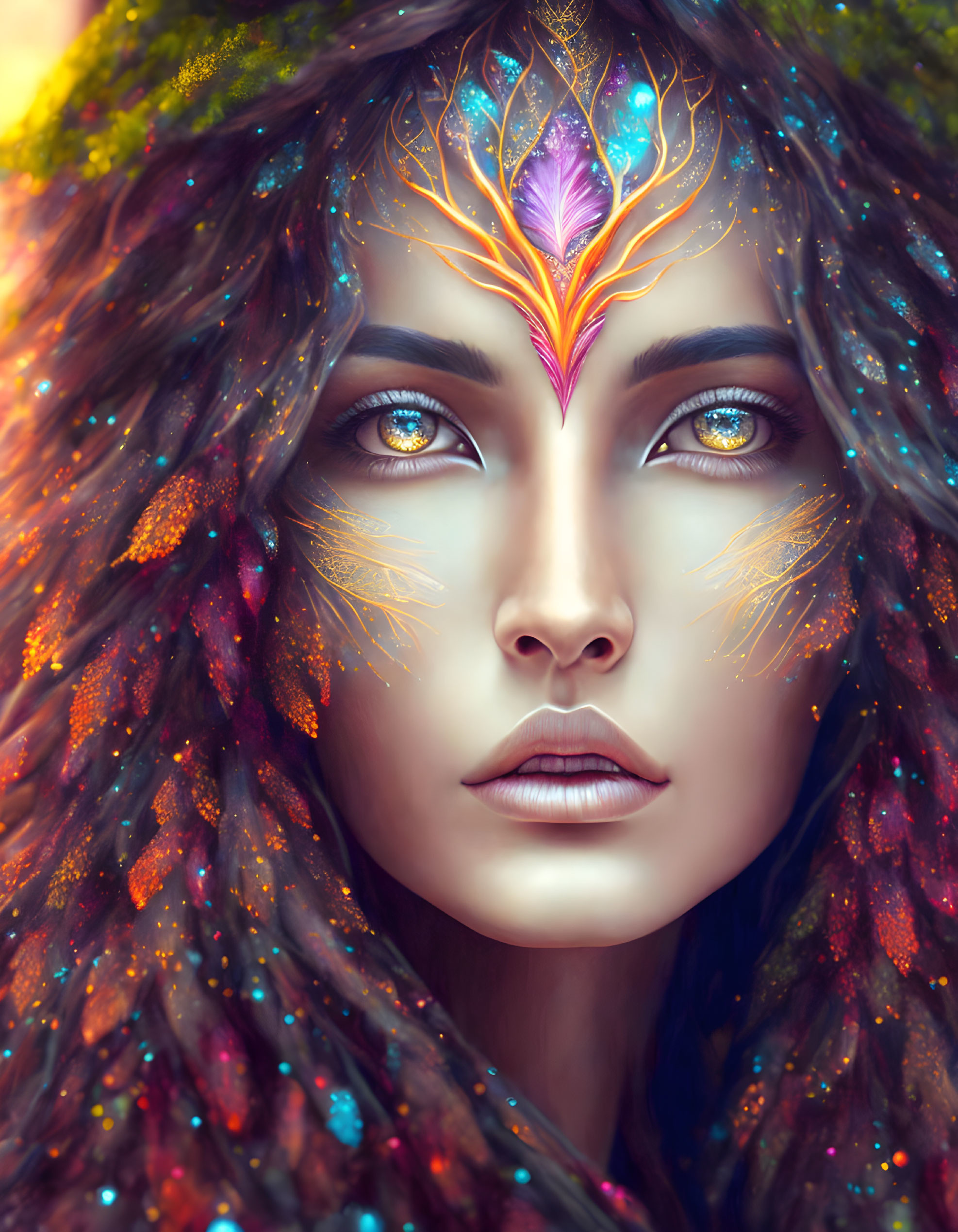 Mystical female portrait with blue eyes, golden crown, and magical hair.