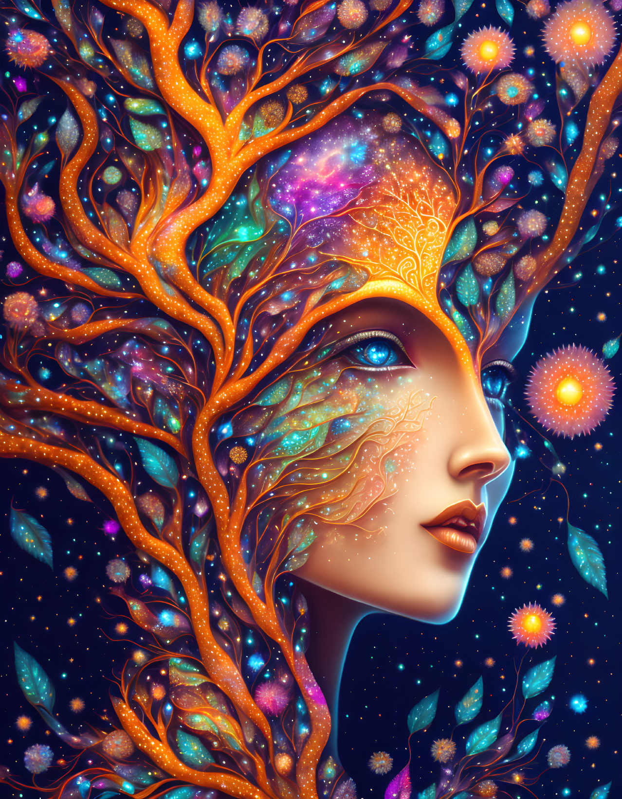 Colorful illustration: Woman with tree branches hair, stars, galaxies, cosmic backdrop.