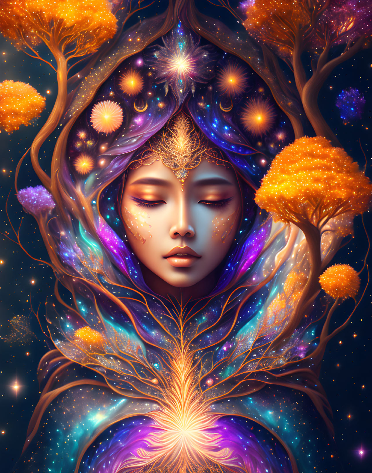 Mystical portrait of woman merging with cosmic tree and stars