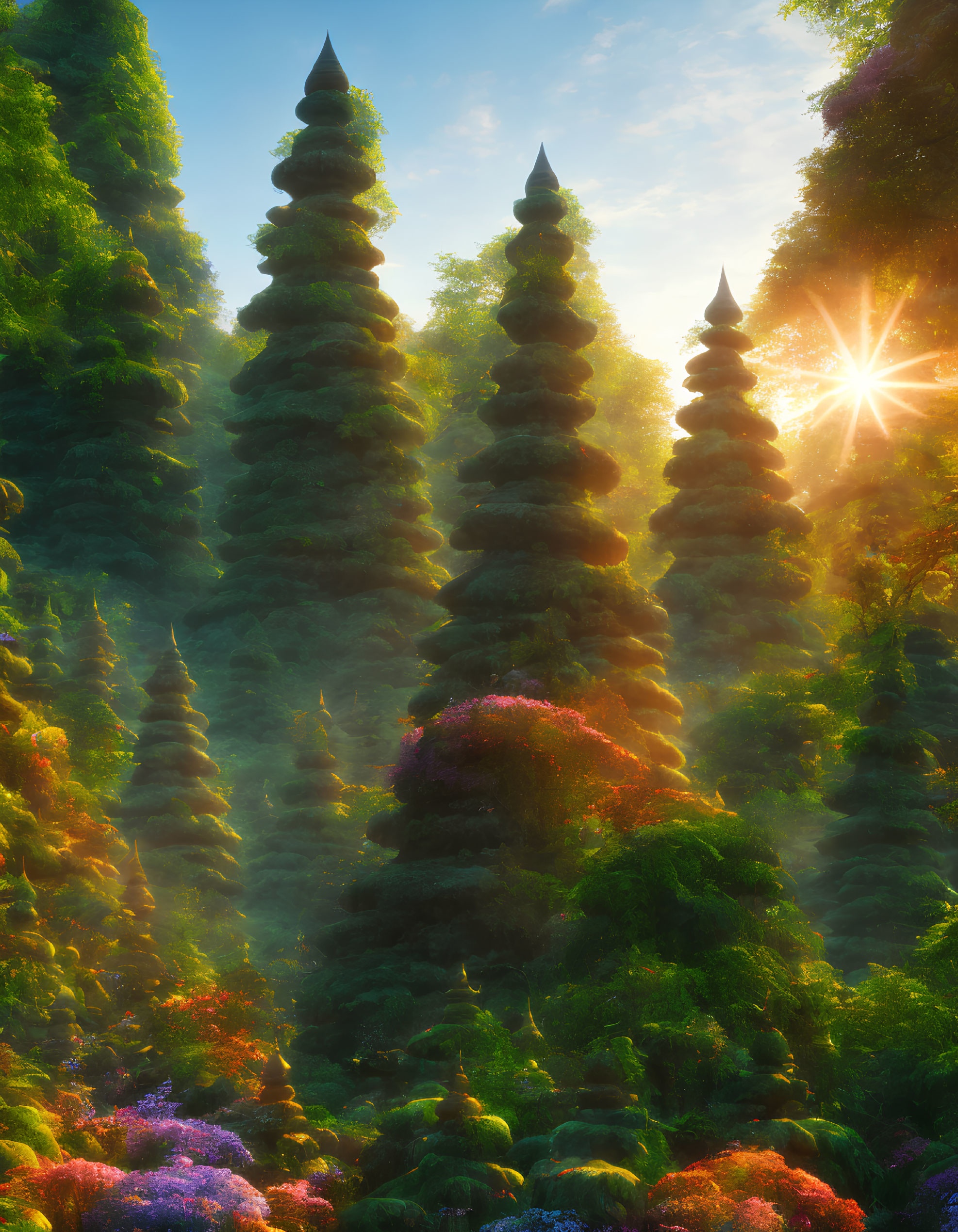 Mystical forest with towering spiral-shaped trees and colorful underbrush