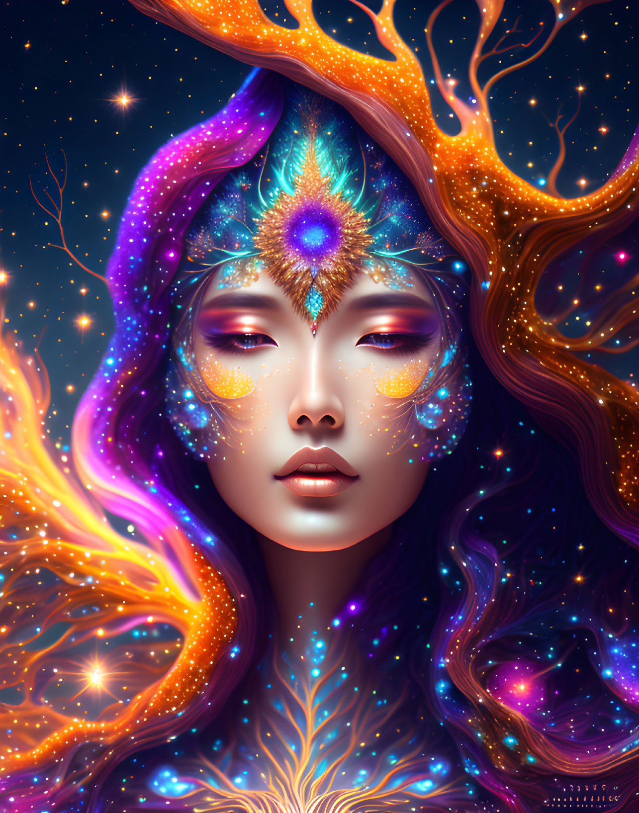 Cosmic-themed surreal portrait of a woman with vibrant celestial hair