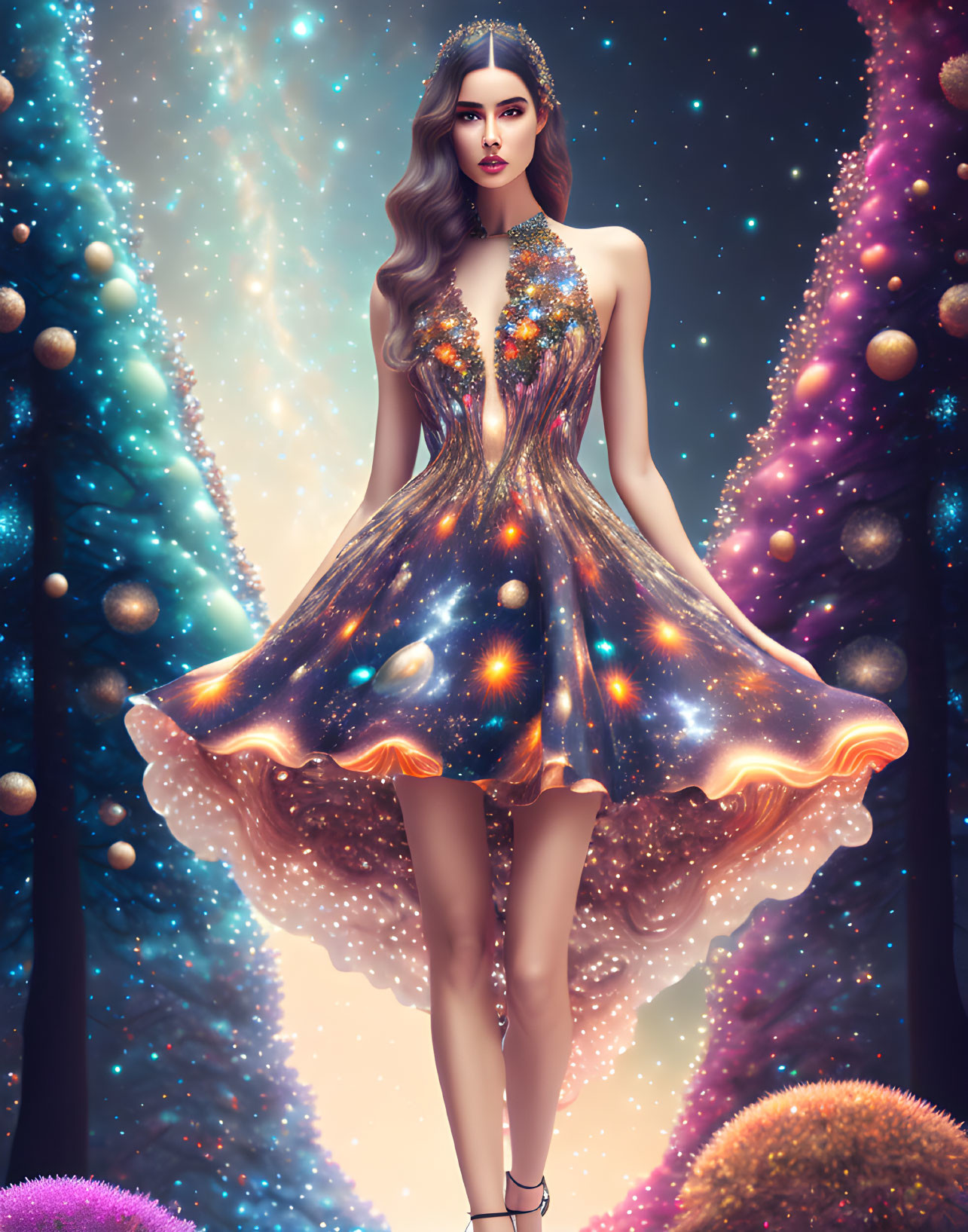 Digital artwork: Woman in galaxy-themed dress surrounded by cosmic backgrounds, stars, and nebulae