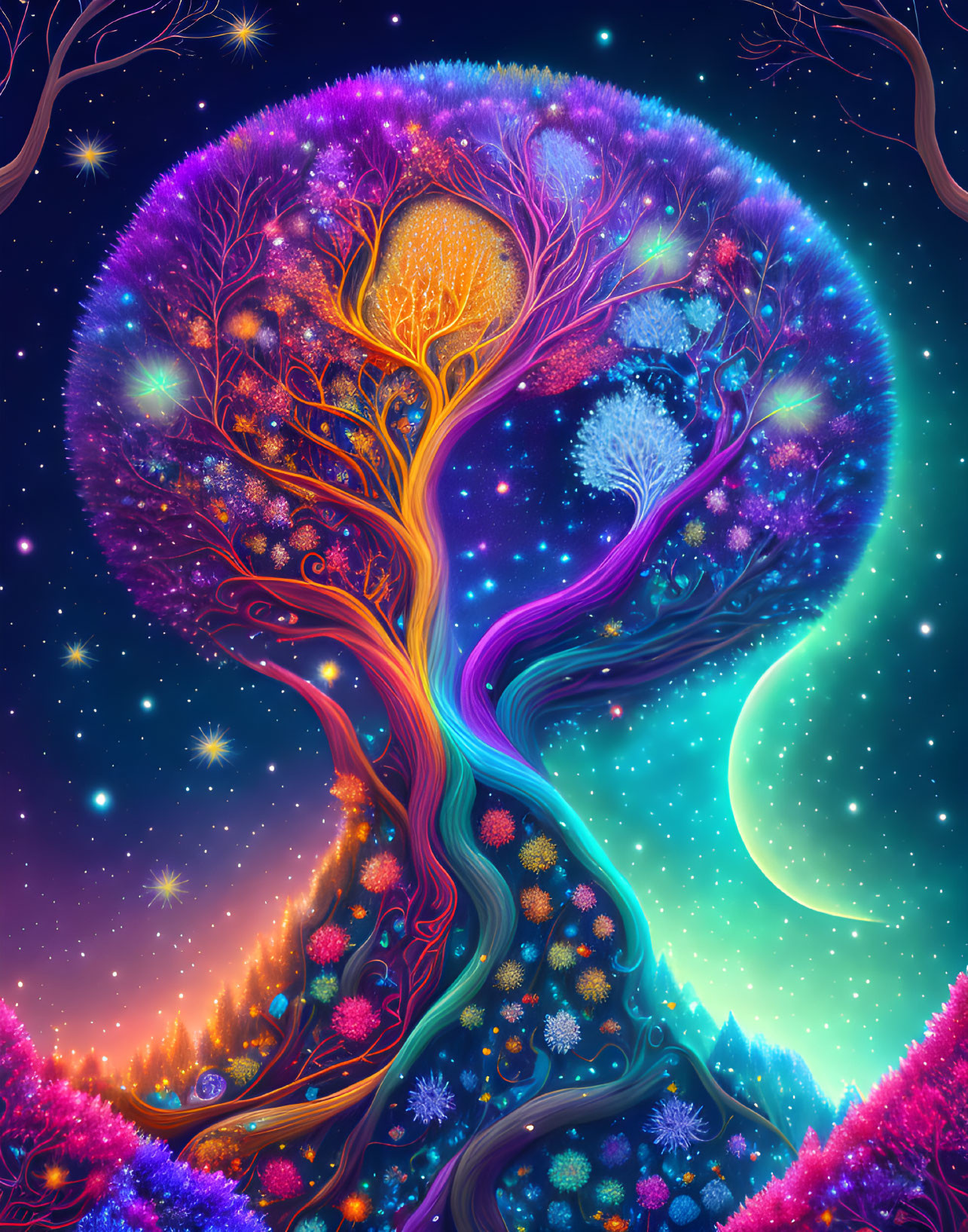 Whimsical tree illustration with seasonal branches under starry sky
