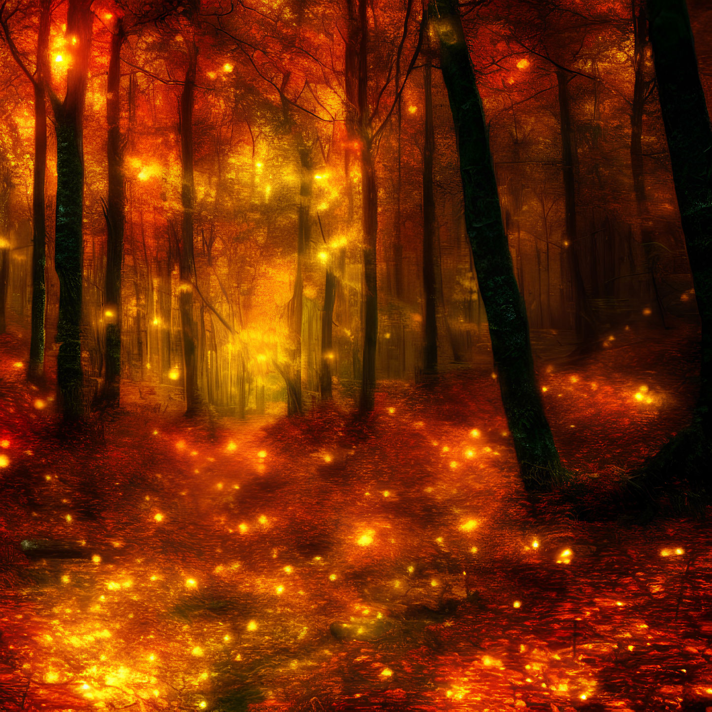 Enchanted forest scene with golden light and mystical glow.