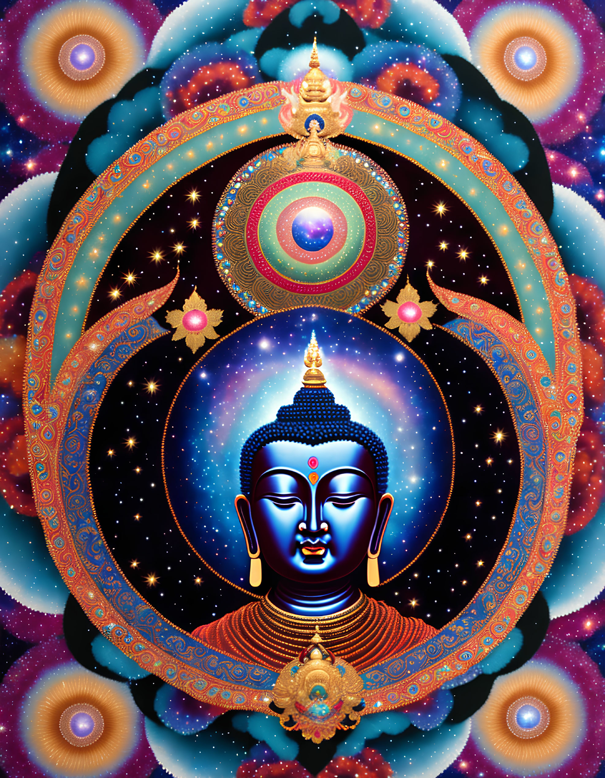 Serene blue Buddha surrounded by cosmic patterns and symbols