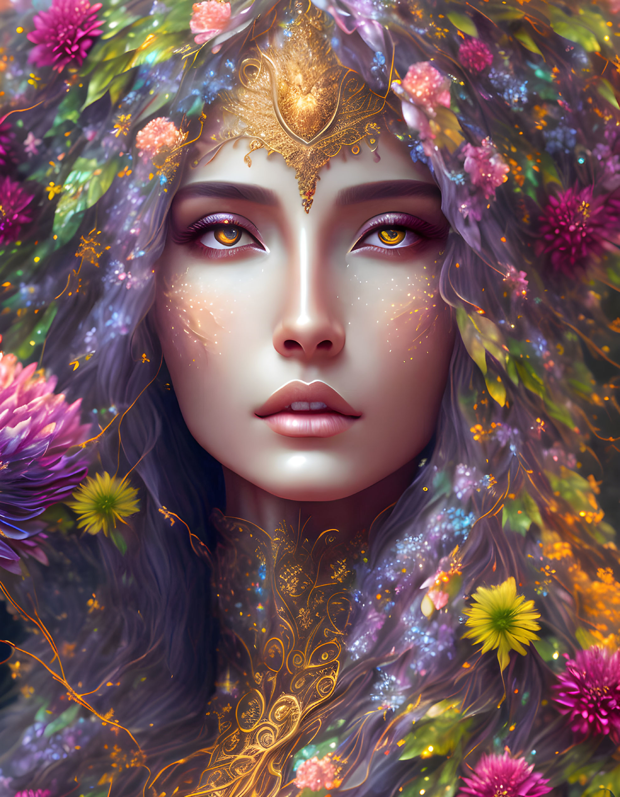 Majestic woman adorned with golden jewelry and crown among vibrant flowers