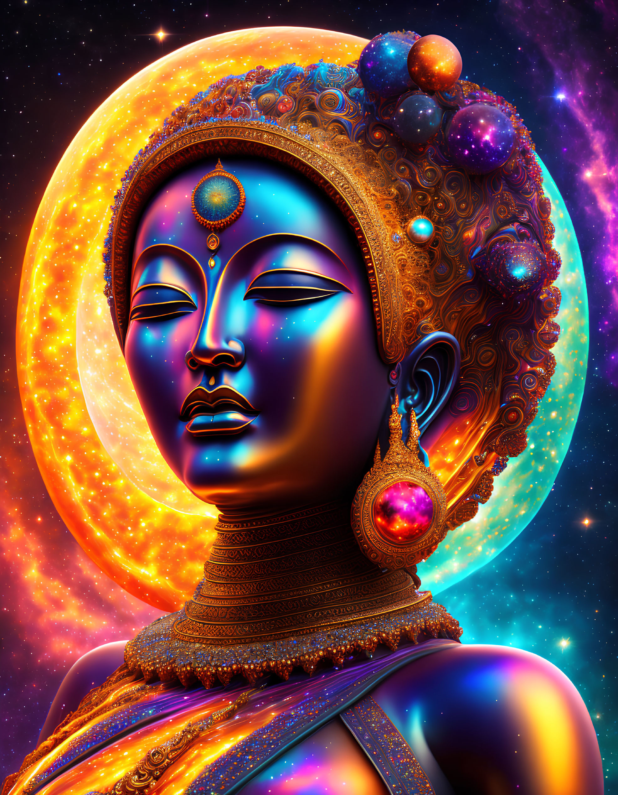 Colorful digital artwork: cosmic figure with ornate jewelry under moon and stars