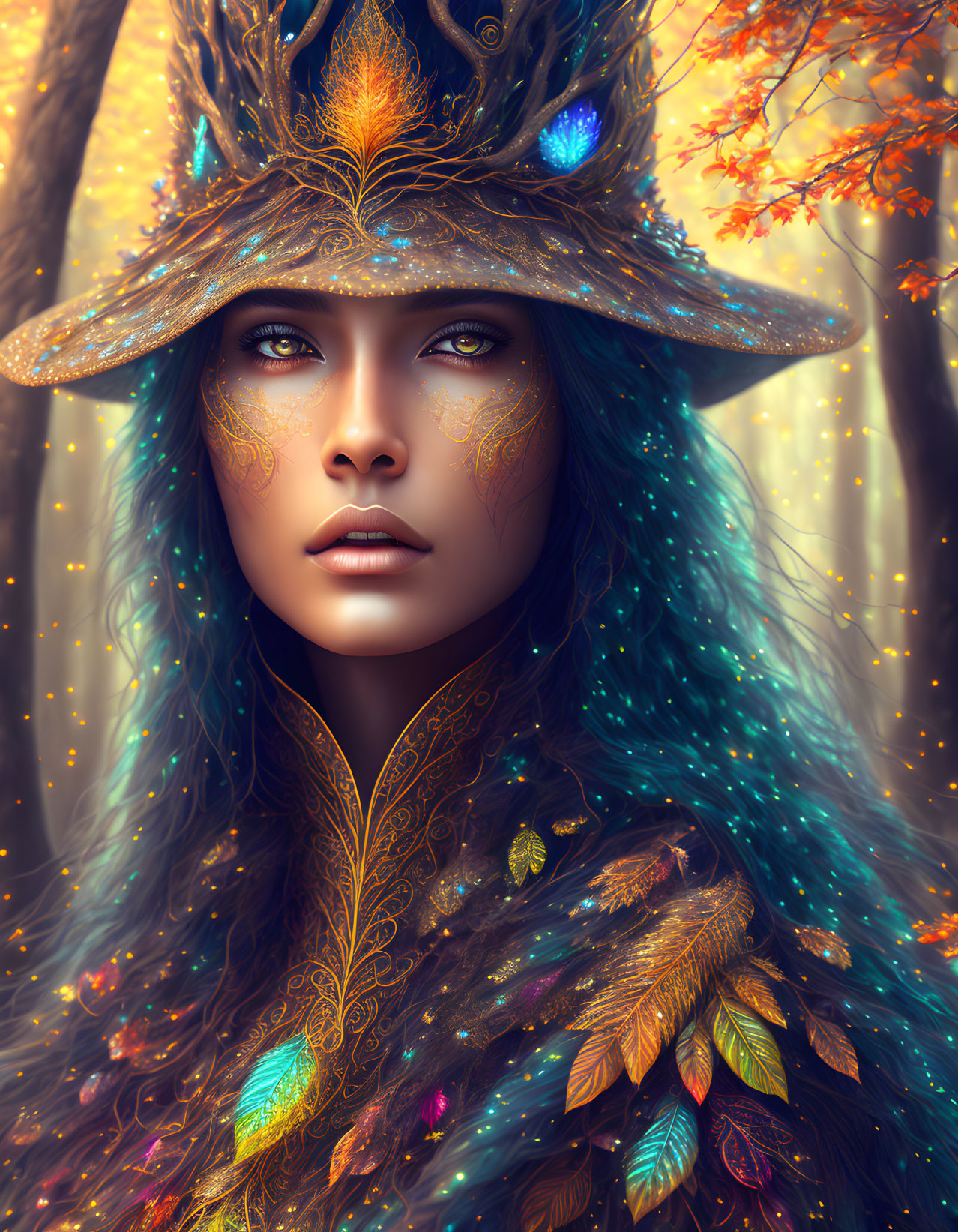 Mystical woman with blue hair, autumn leaf hat, feathered cloak, golden facial markings