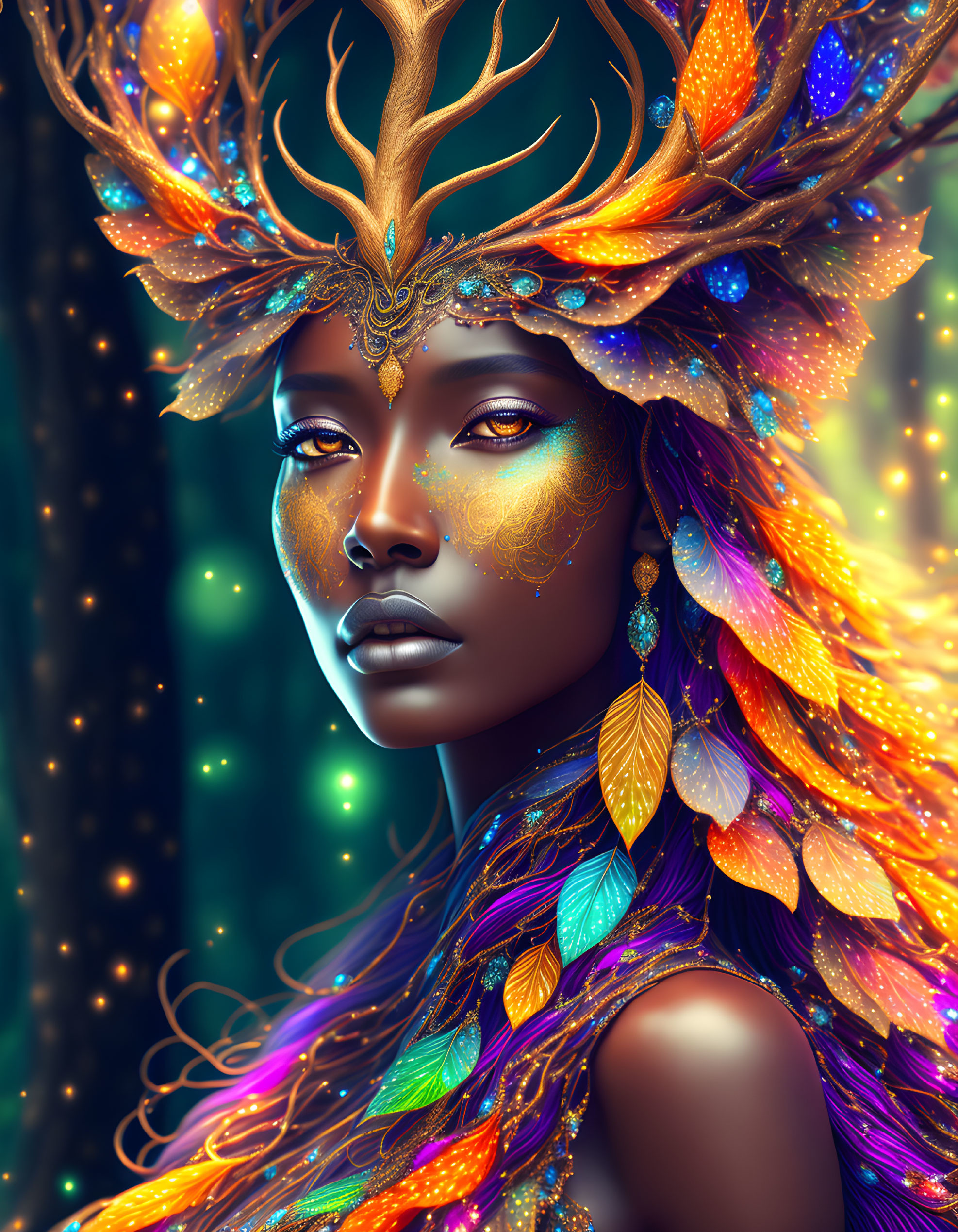 Golden-skinned woman with intricate leaf, branch, and feather headdress in mystical setting.