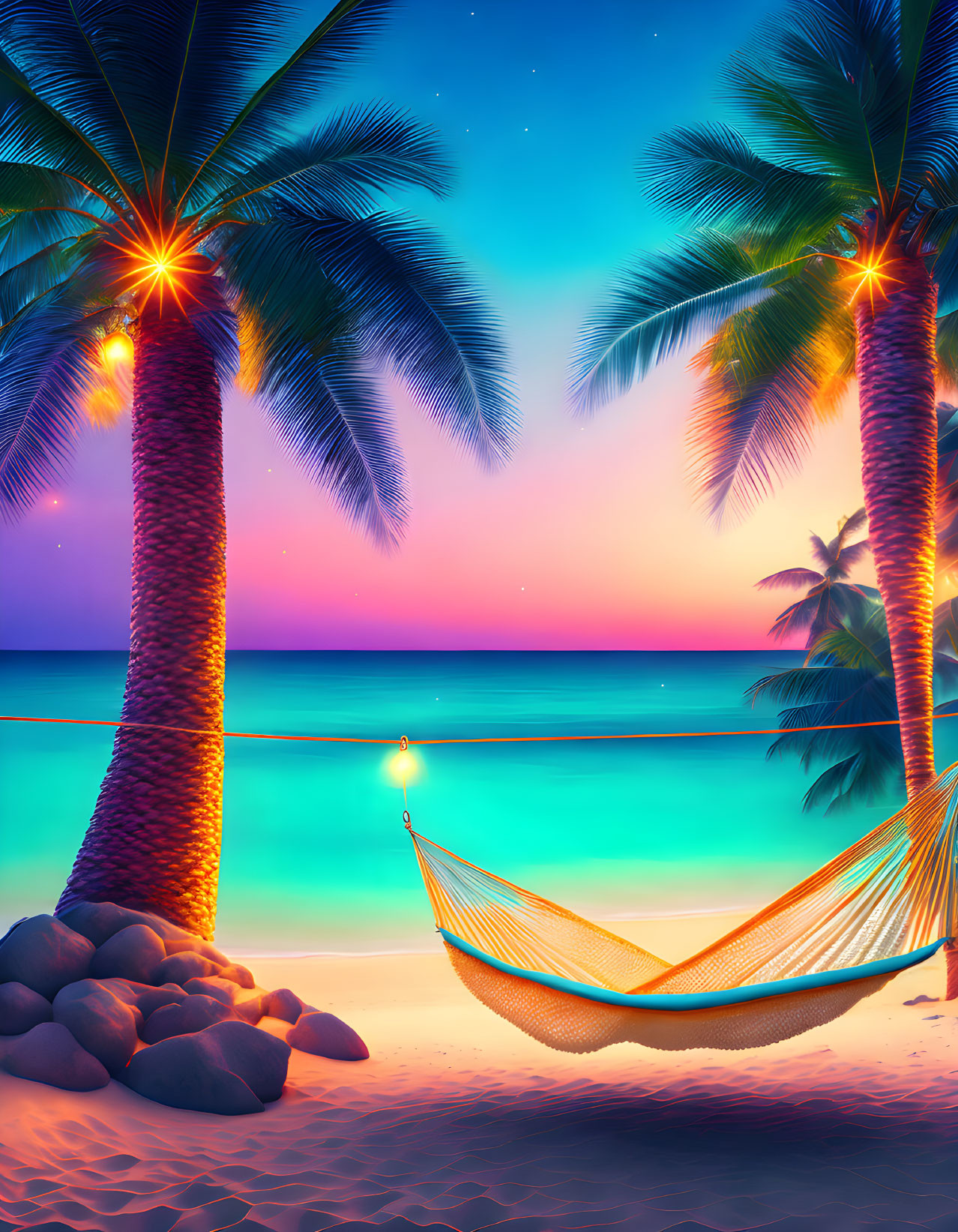 Twilight beach scene with palm trees, colorful sky, stars, and hammock