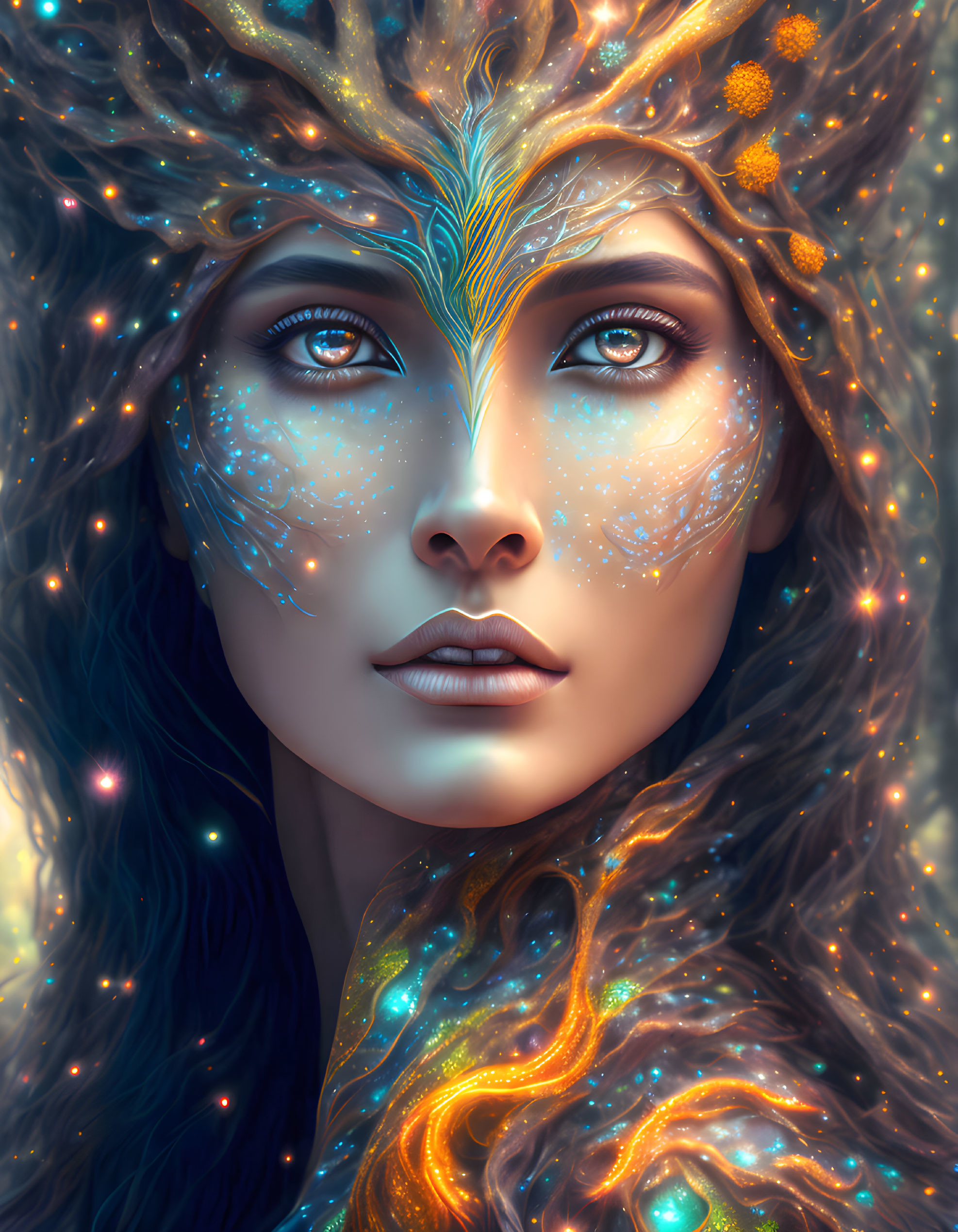 Digital artwork: Woman with mystical aura, galaxy-themed complexion, luminous eyes, ornate nature crown