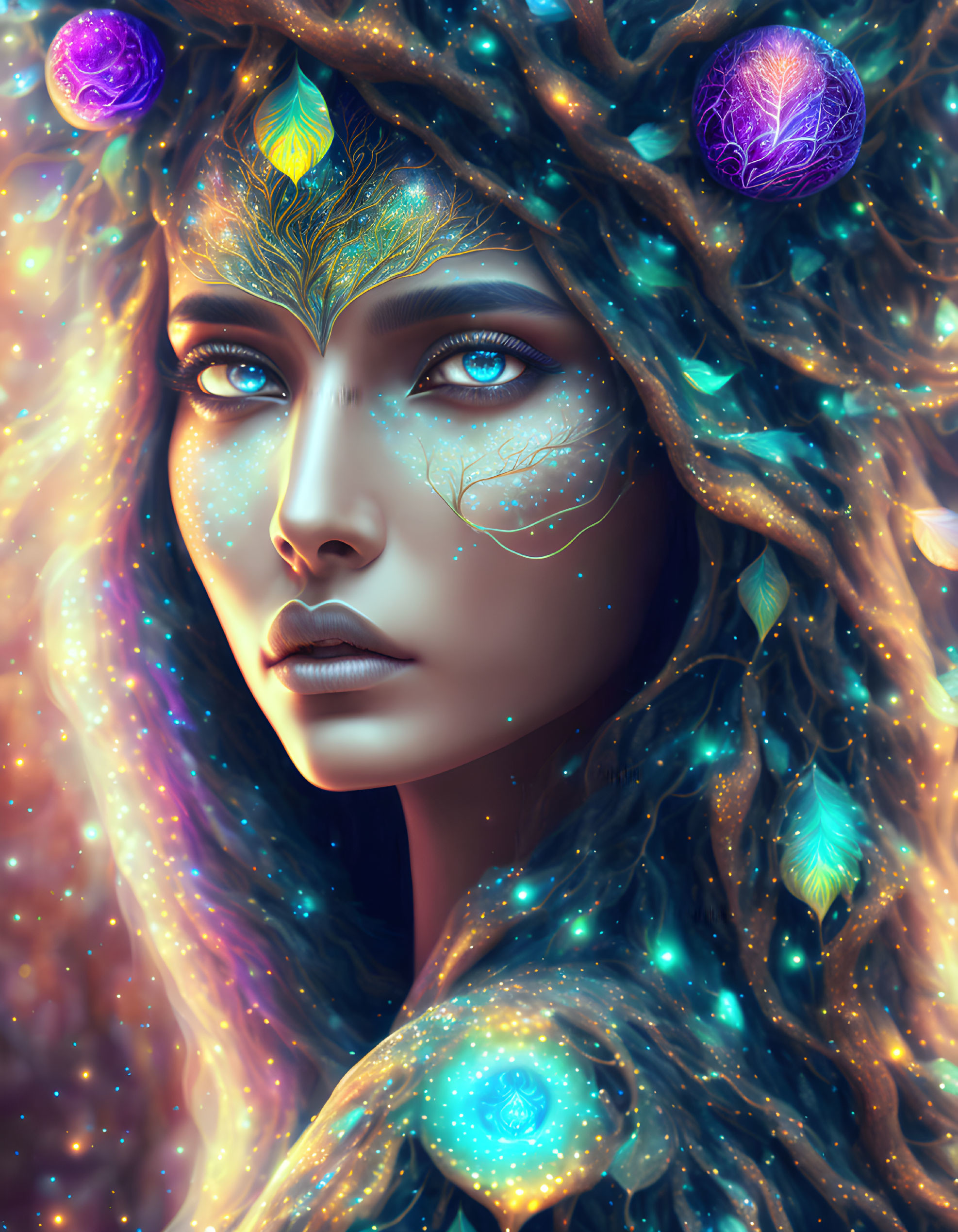 Portrait of a woman with cosmic-themed makeup and starry, nebula-like hair.