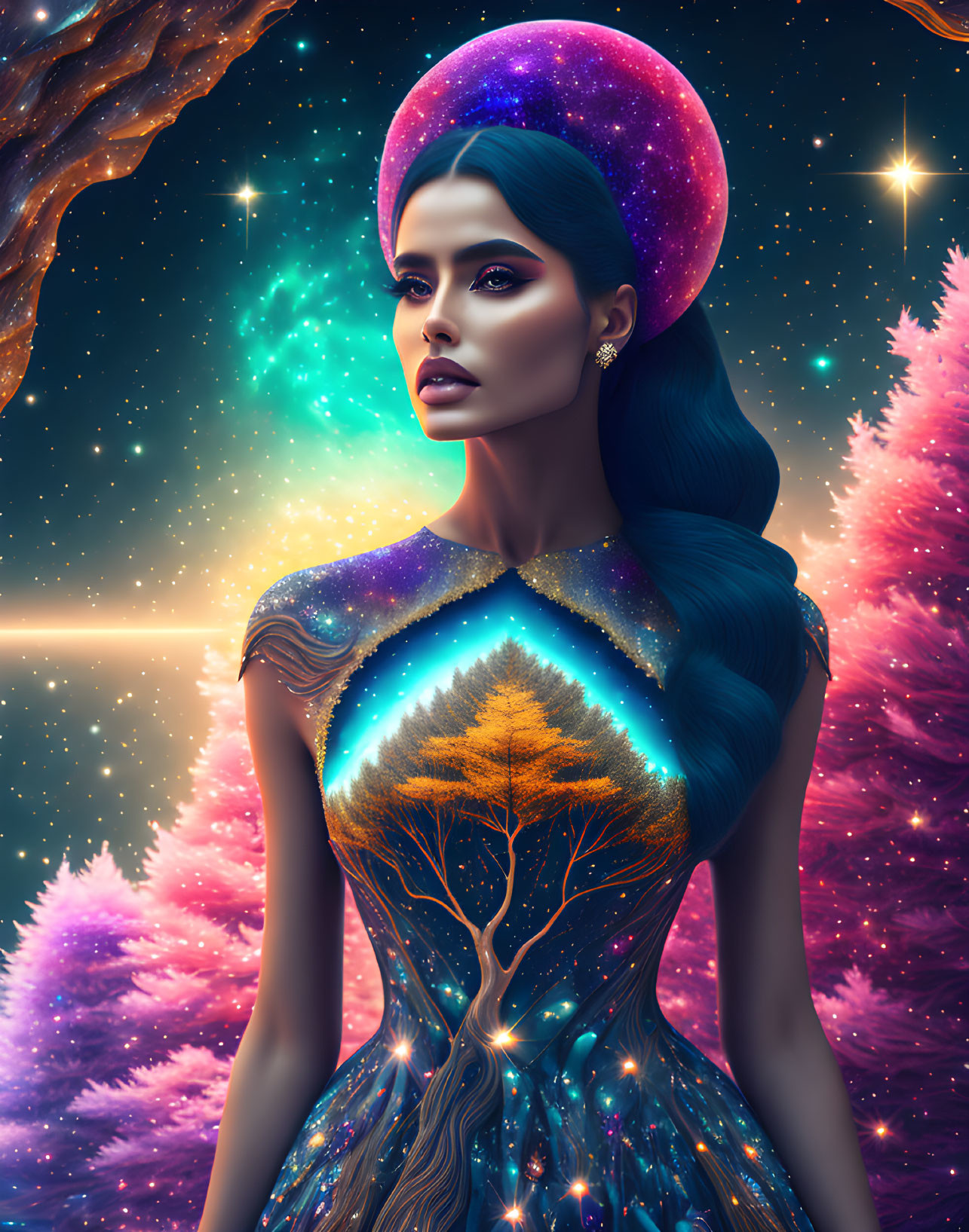 Digital artwork of a cosmic-themed woman with galaxy hair and celestial tree dress on starry backdrop.