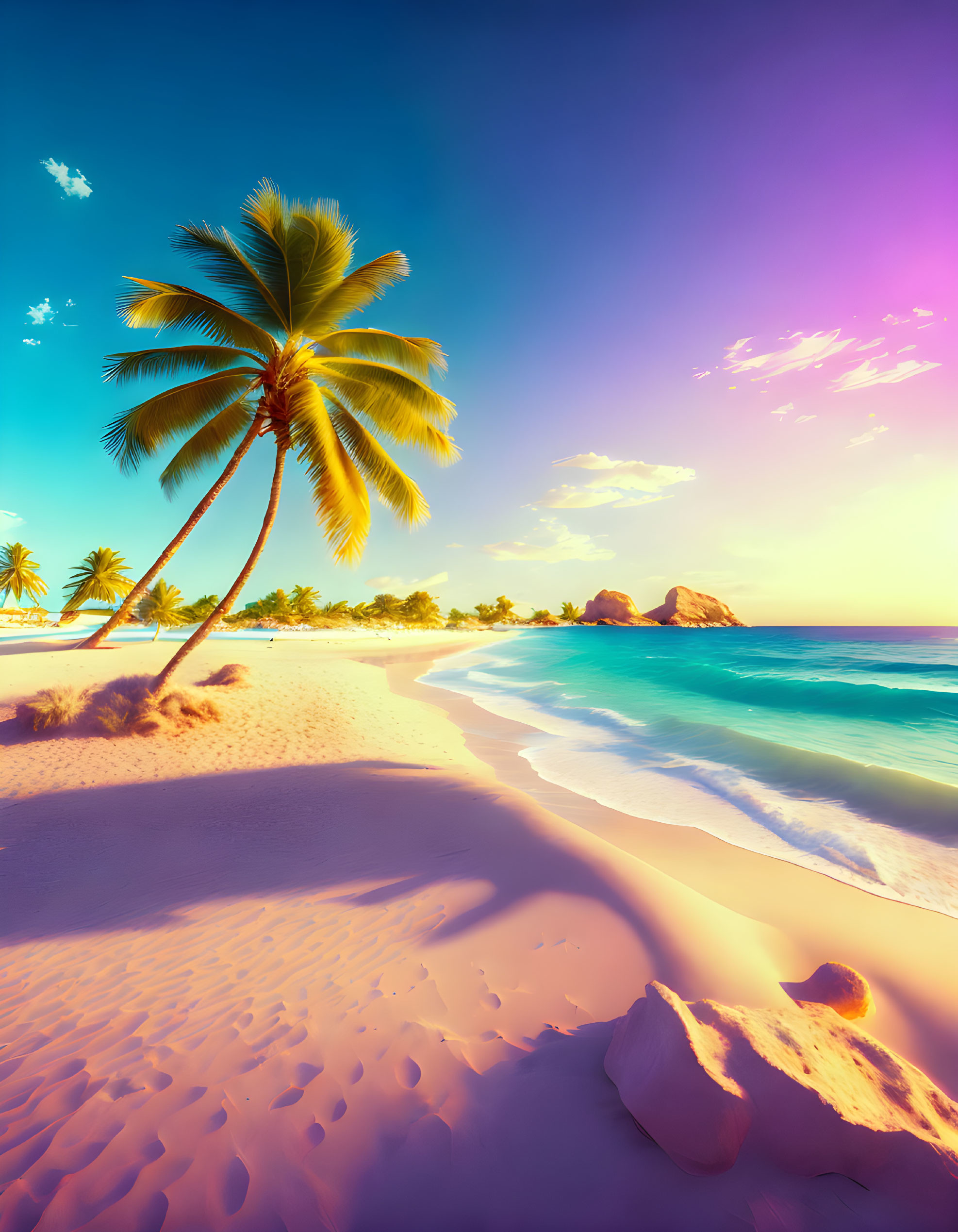 Tranquil tropical beach scene with palm trees, sunset hues, and gentle waves