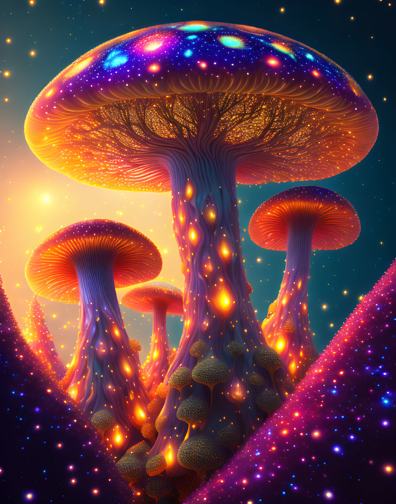 Colorful digital artwork of glowing mushrooms in cosmic setting